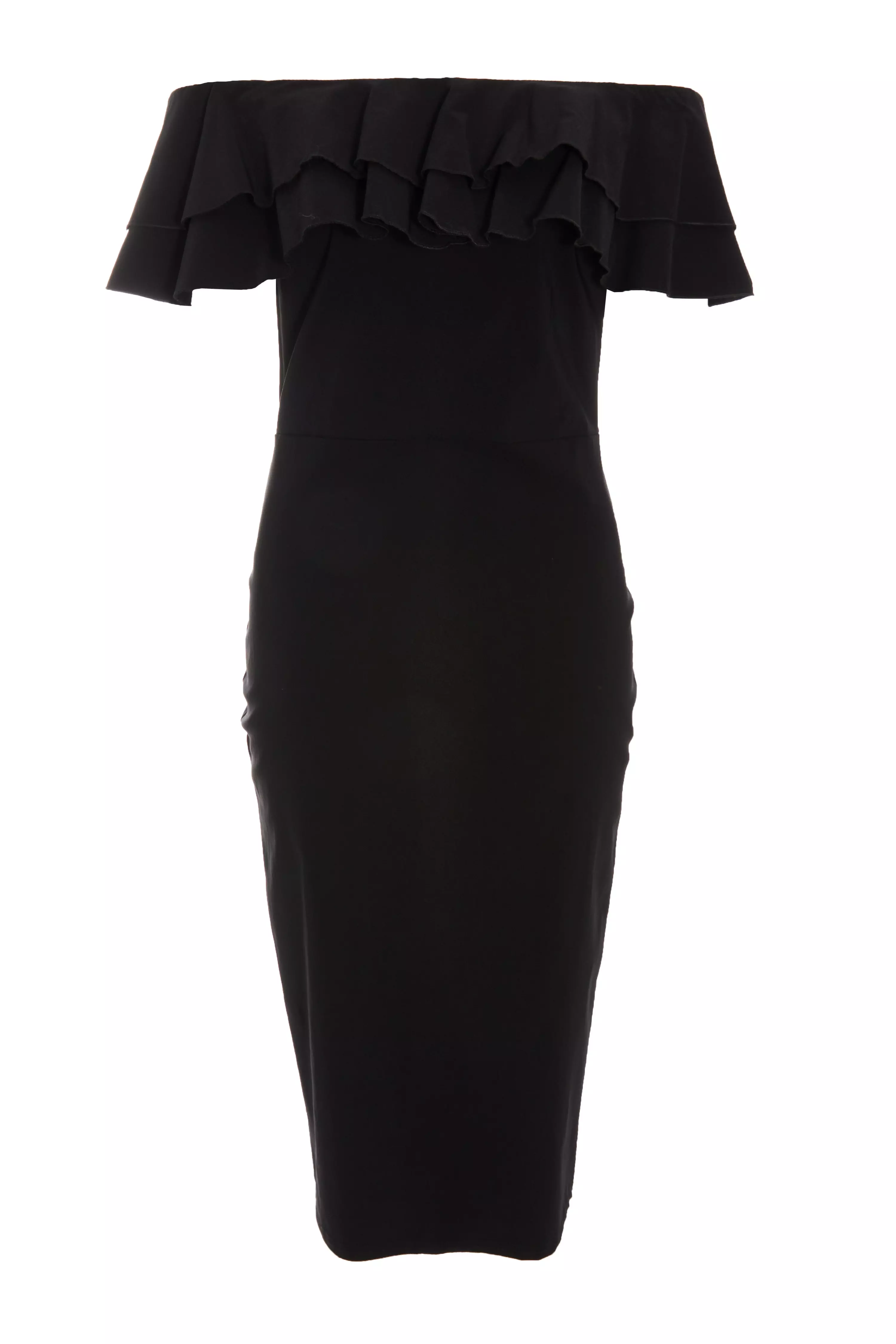 Black Bardot Ruffle Midi Bodycon Dress