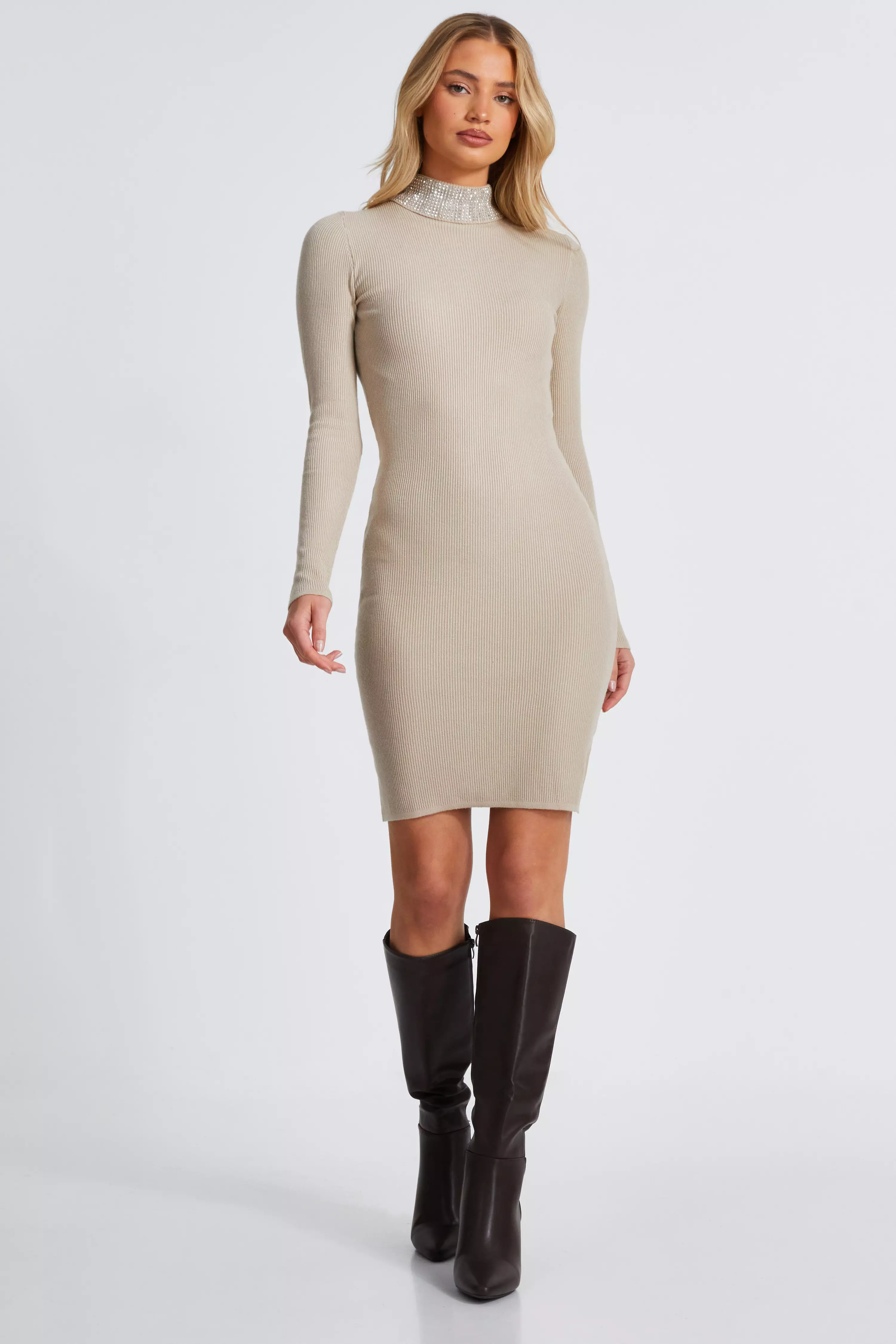 Stone Diamante Roll Neck Dress