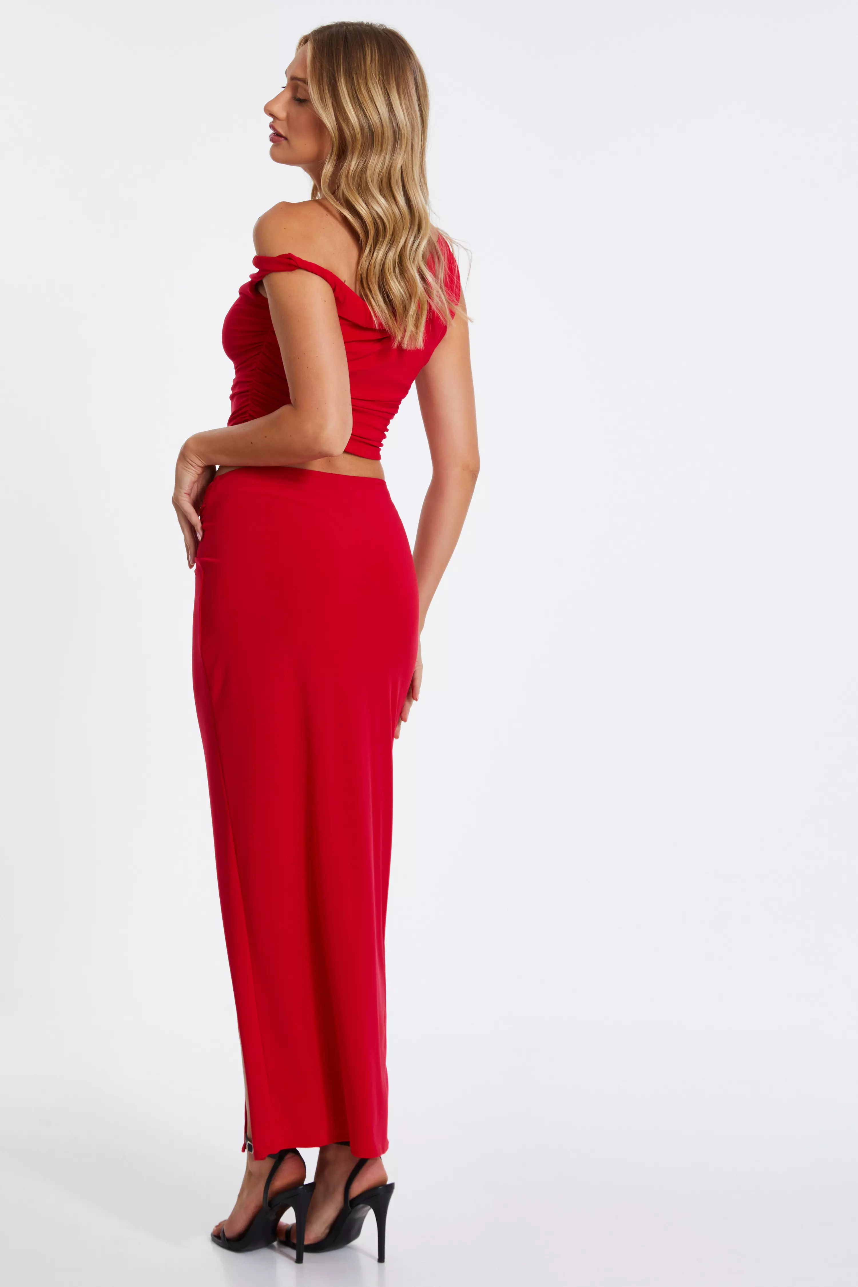 Red Ruched Split Maxi Skirt