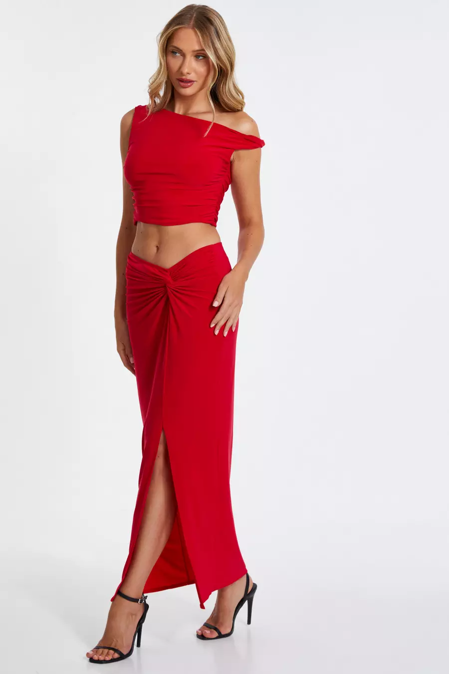 Red Ruched Split Maxi Skirt QUIZ Clothing