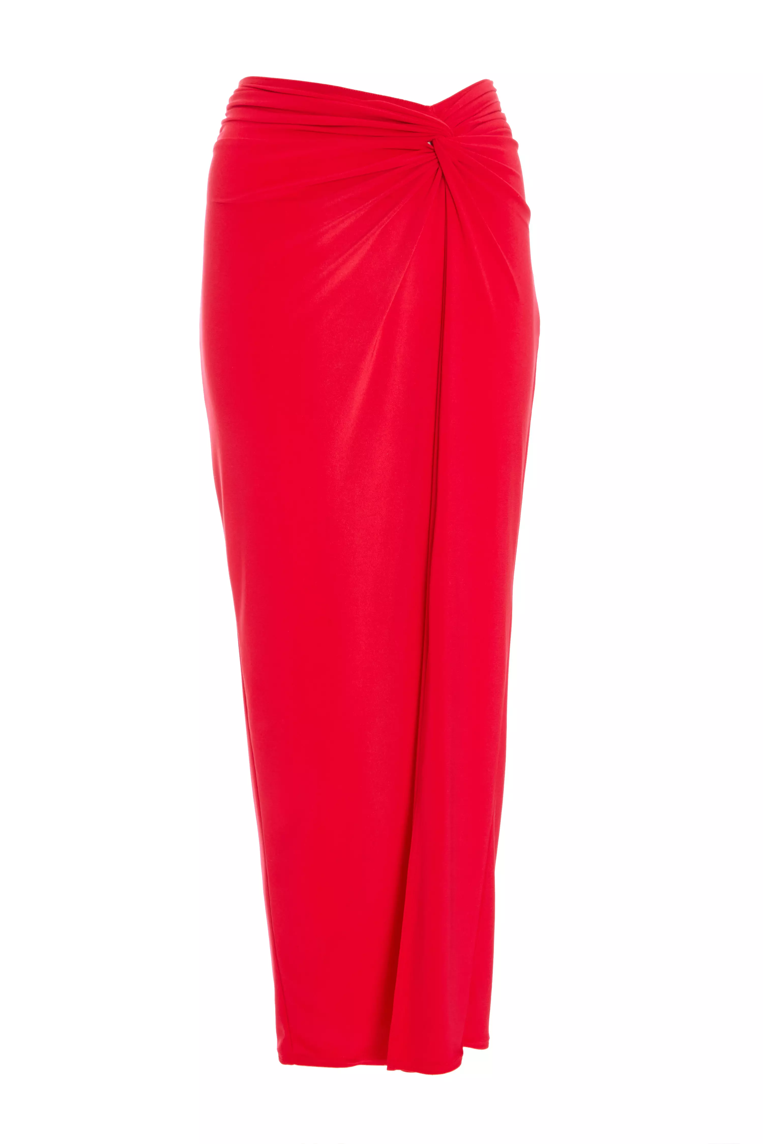 Red Ruched Split Maxi Skirt