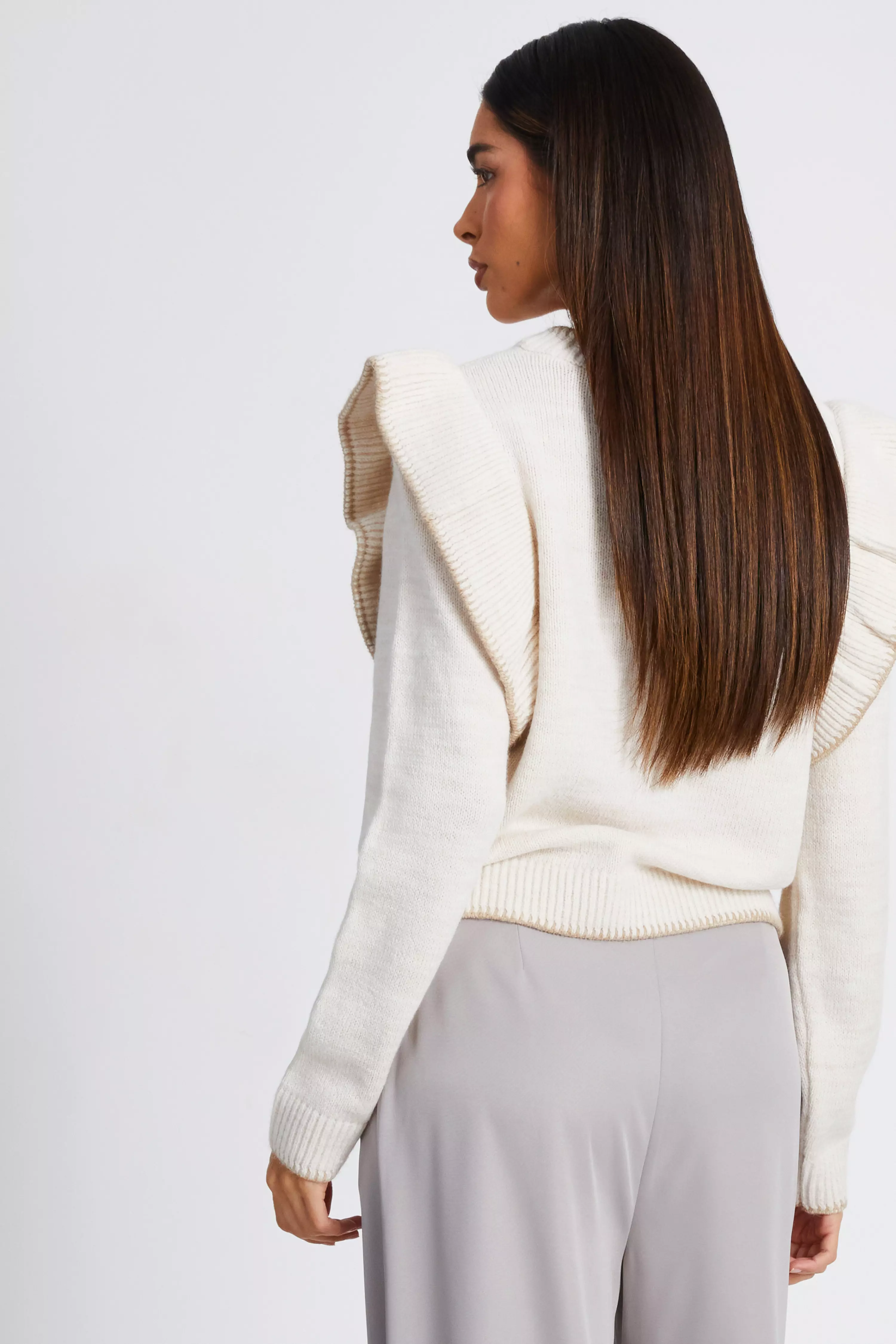 Beige Knitted Frill Sleeve Jumper