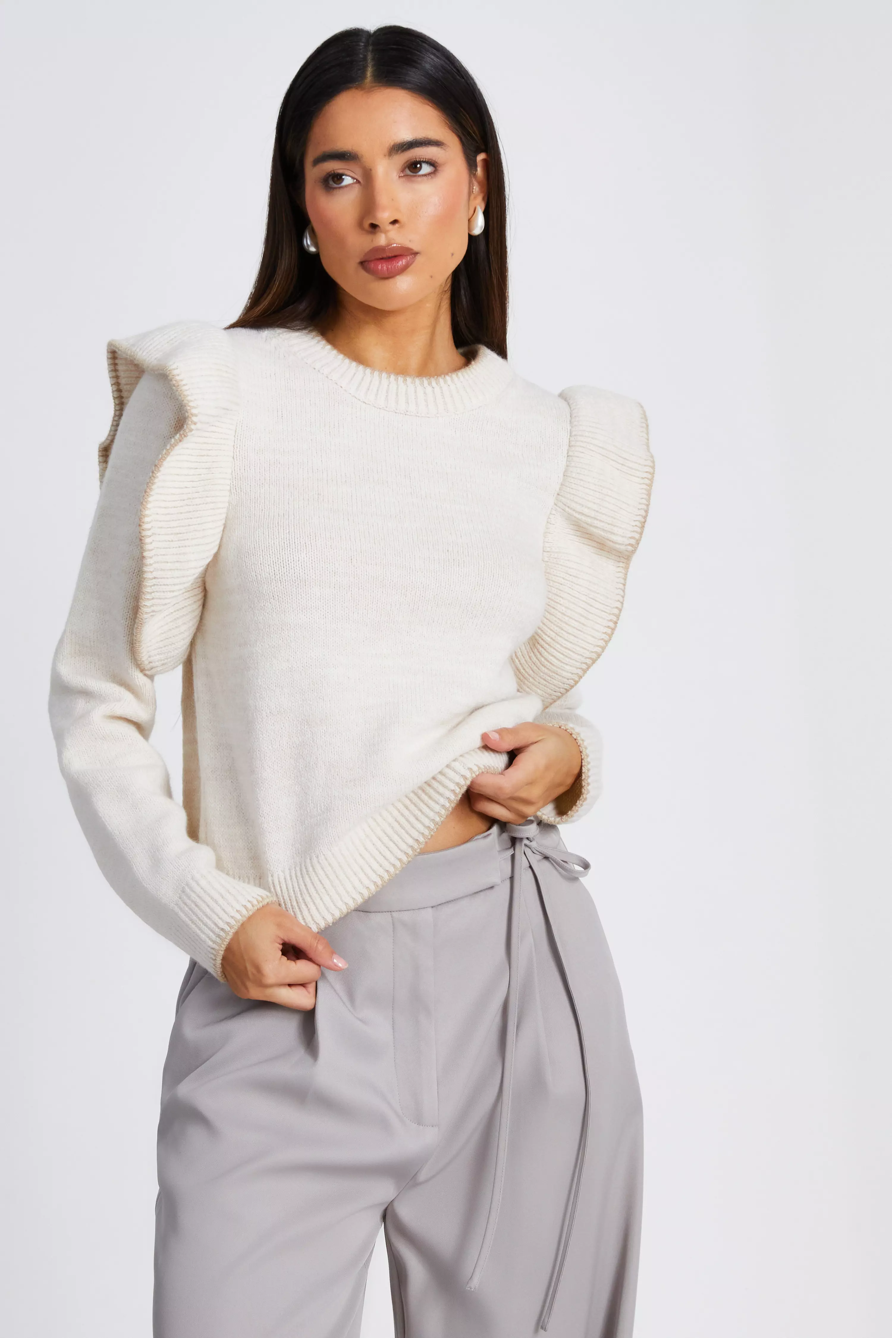 Beige Knitted Frill Sleeve Jumper