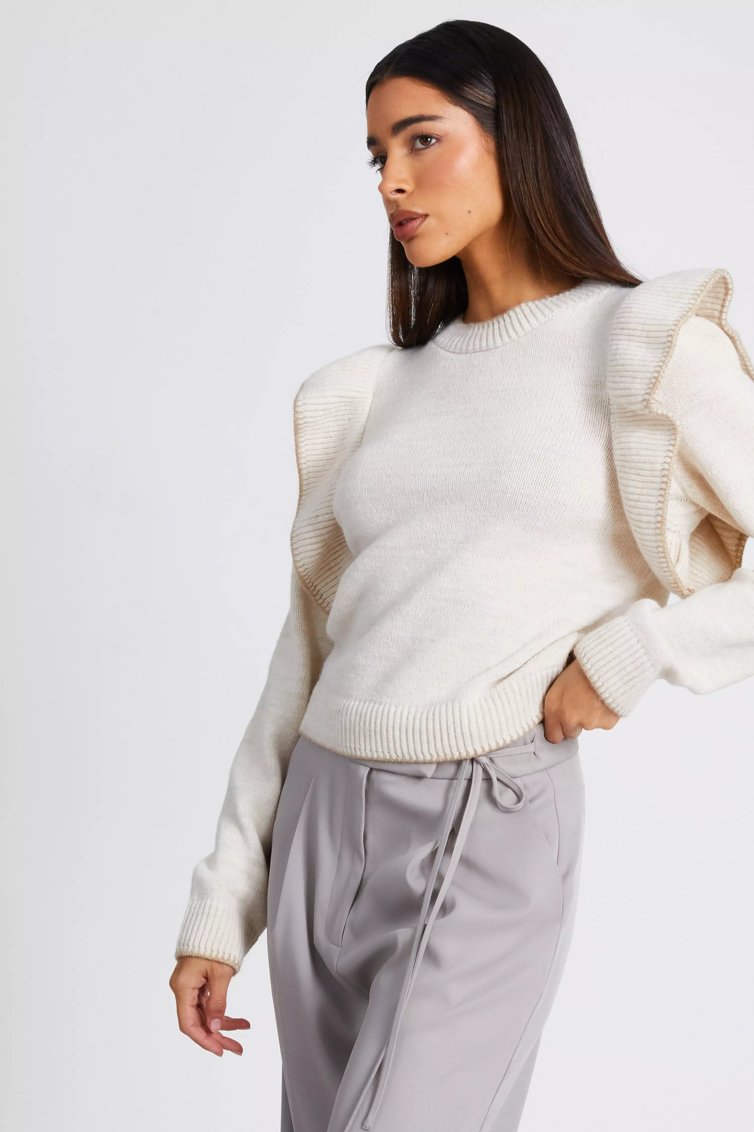 Beige Knitted Frill Sleeve Jumper