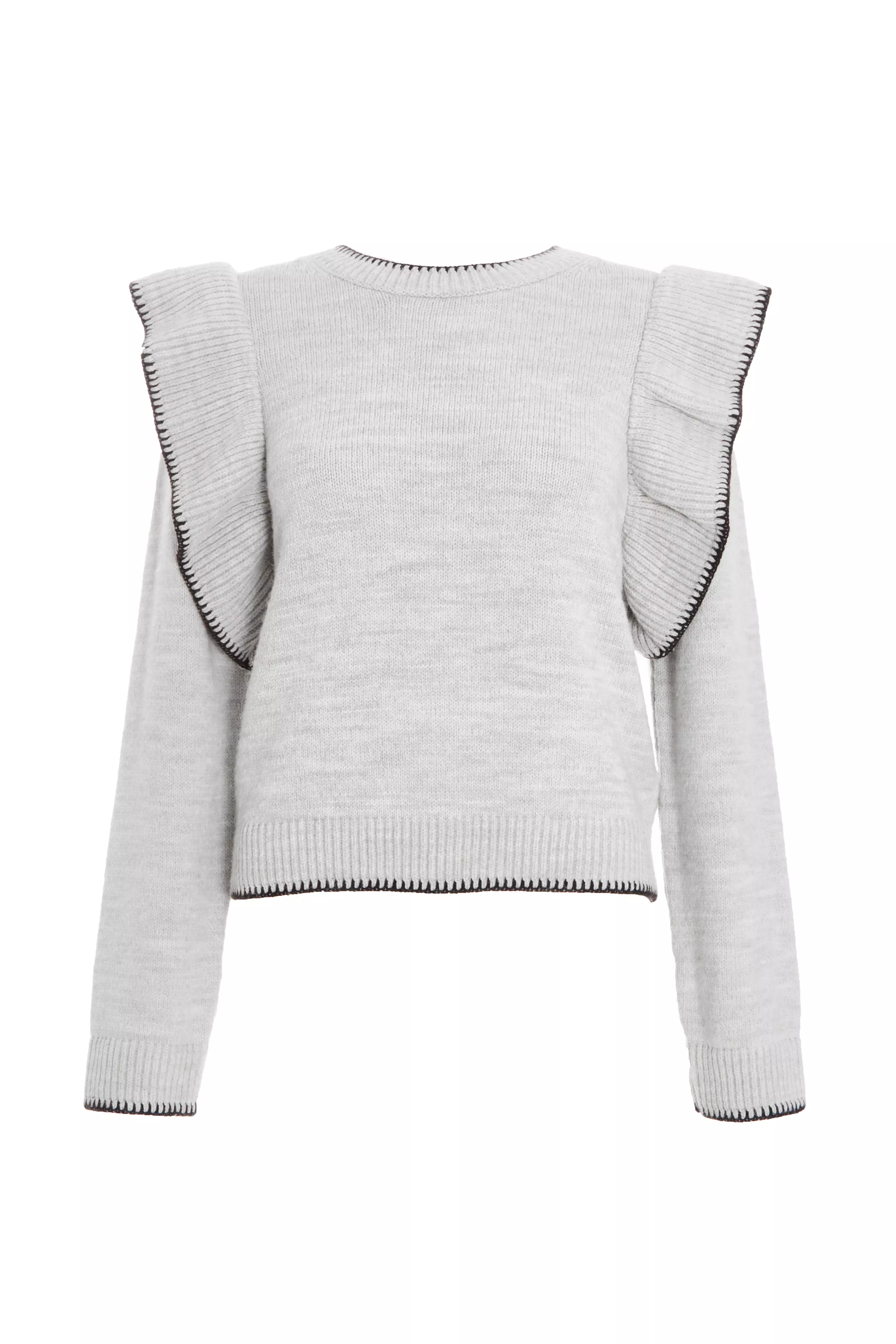 Grey Knitted Frill Sleeve Jumper