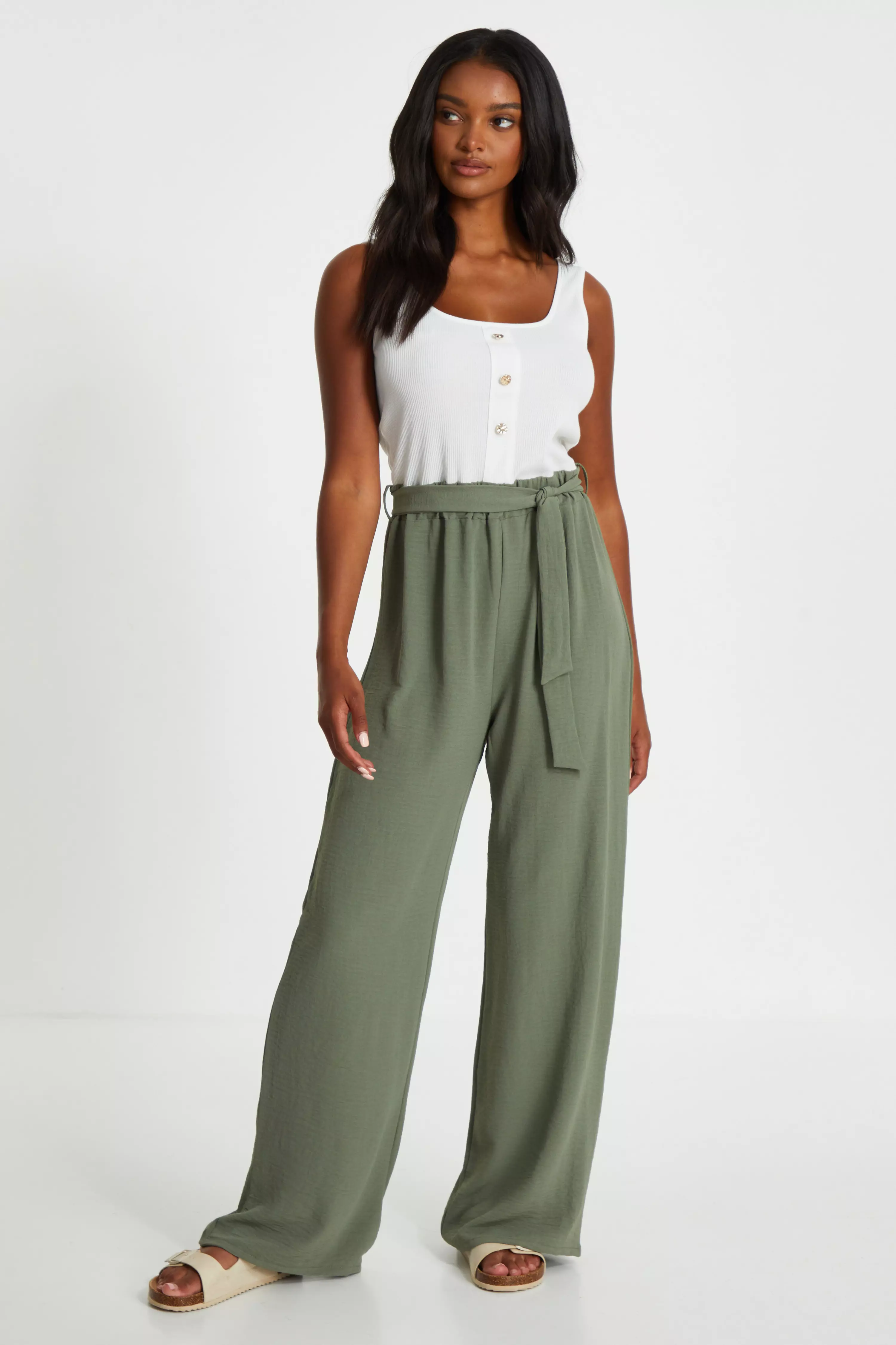 Khaki Contrast Ribbed Palazzo Jumpsuit