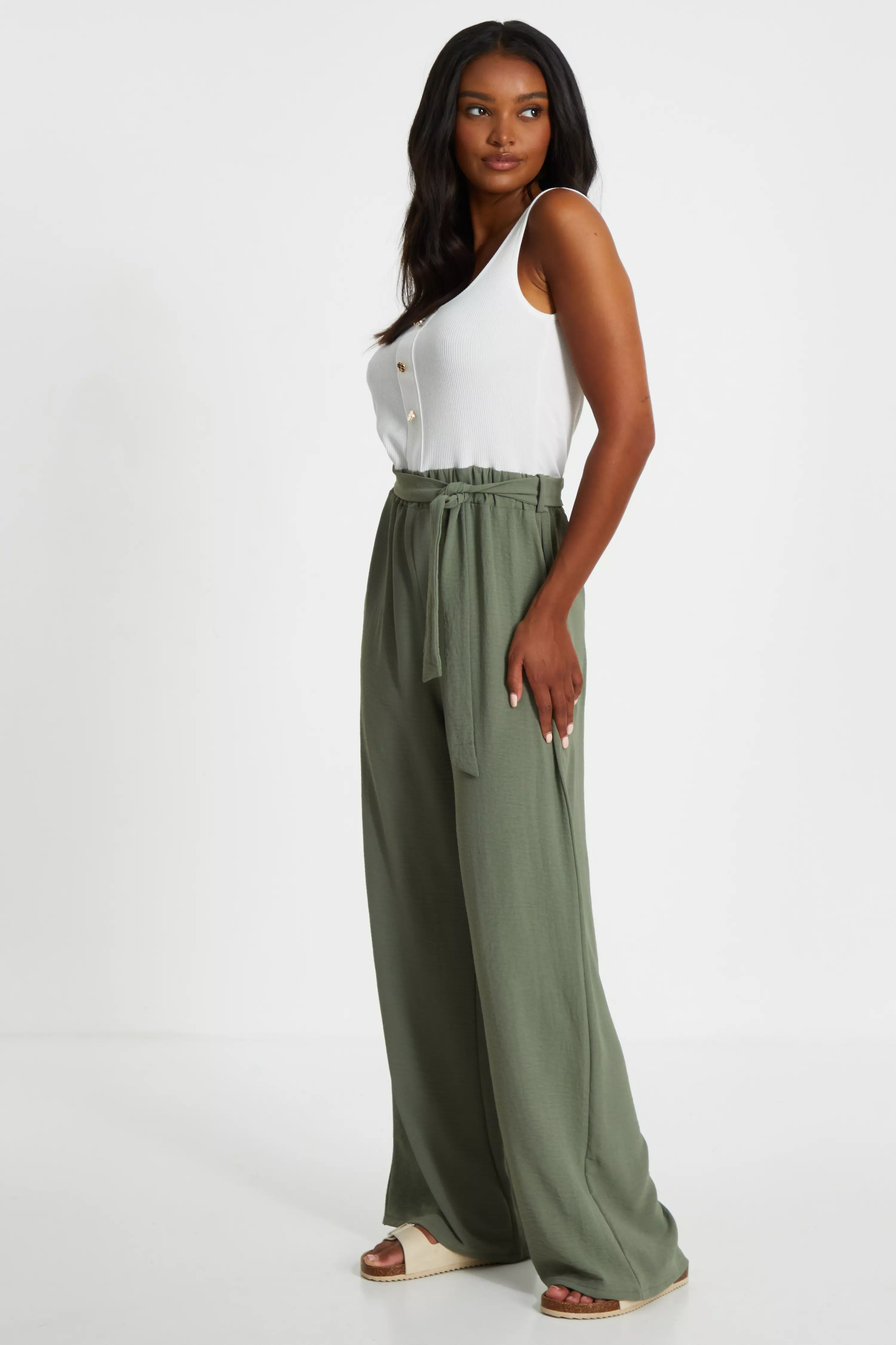 Khaki Contrast Ribbed Palazzo Jumpsuit