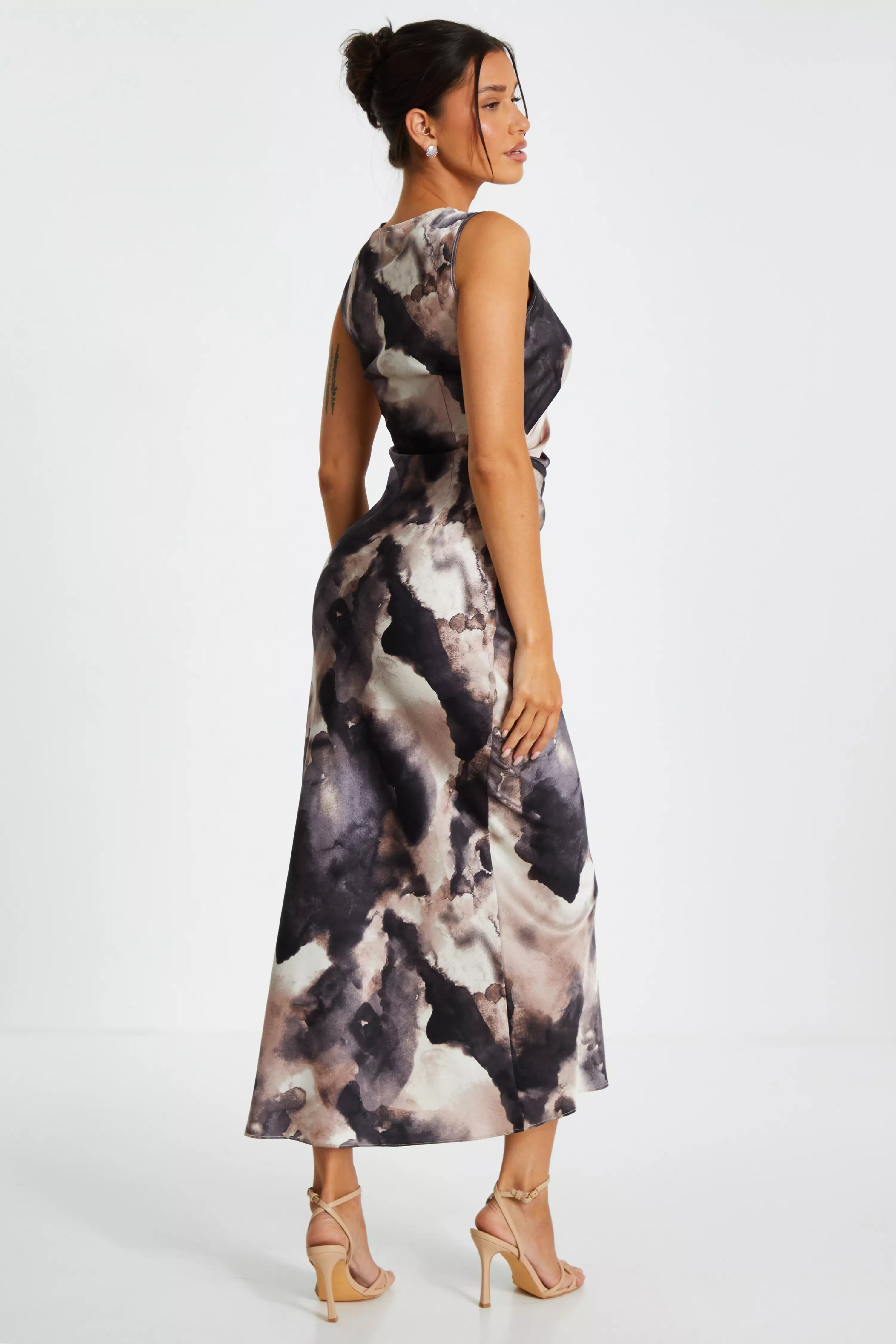 Black Marble Print Satin Ruched Midaxi Dress
