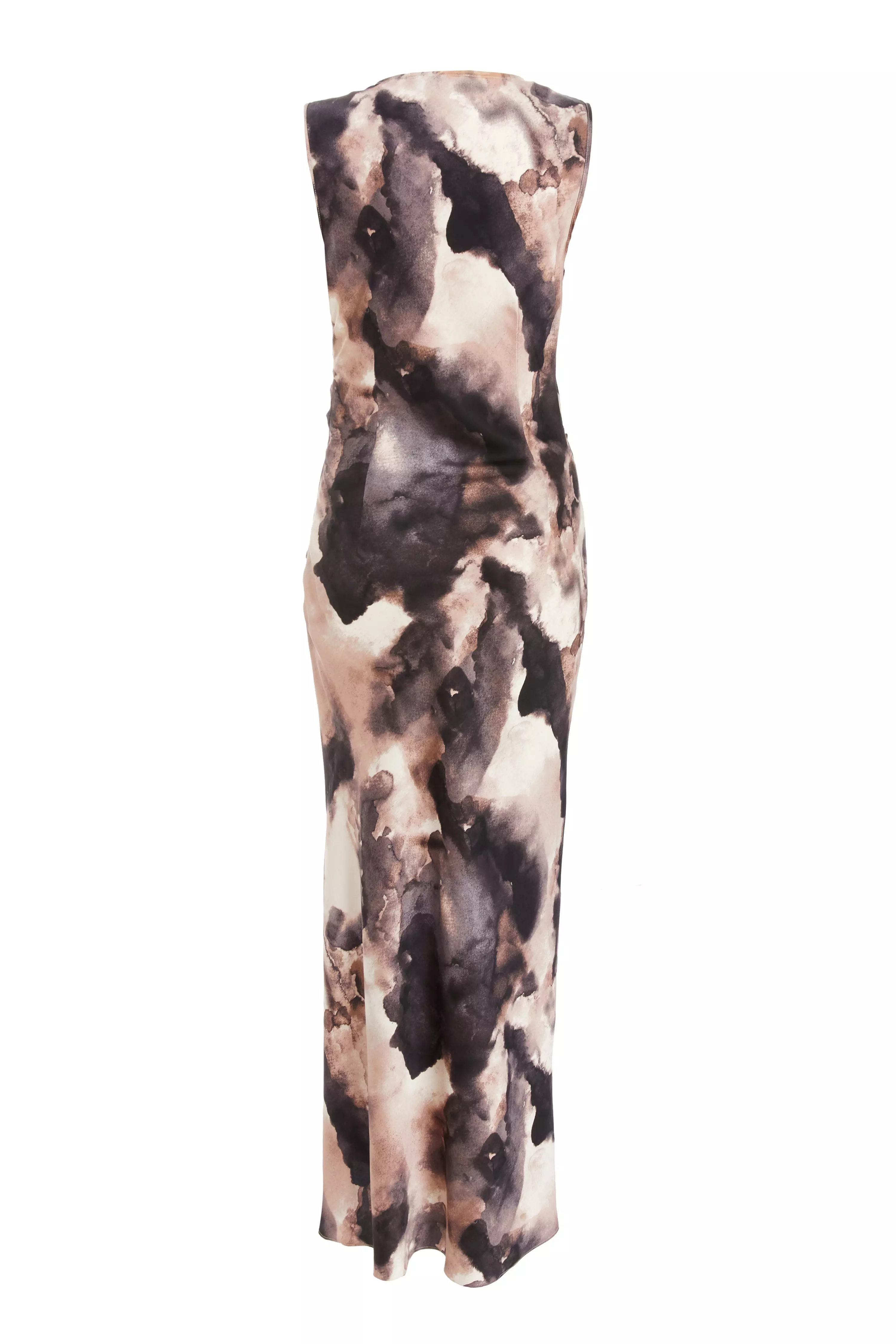 Black Marble Print Satin Ruched Midaxi Dress