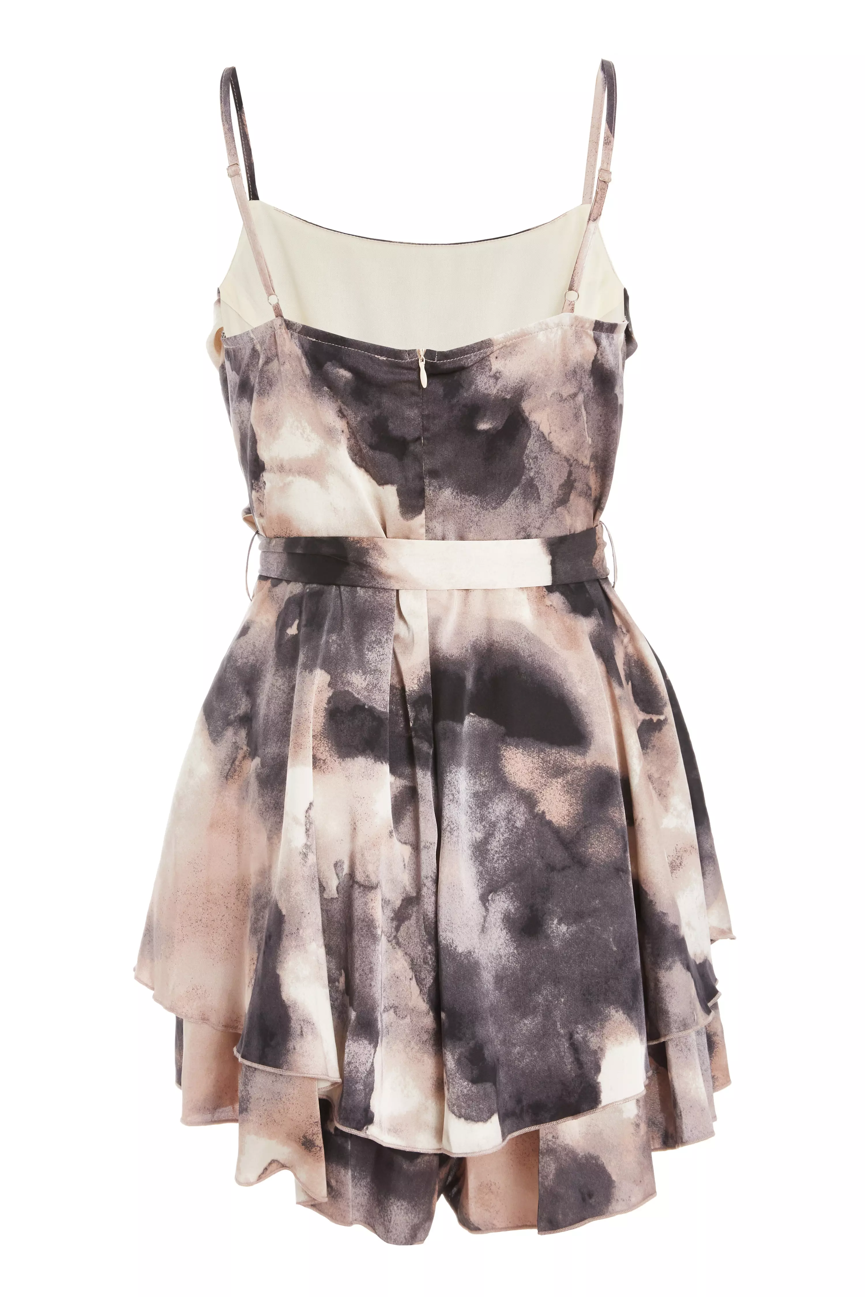 Black Marble Print Satin Tiered Playsuit