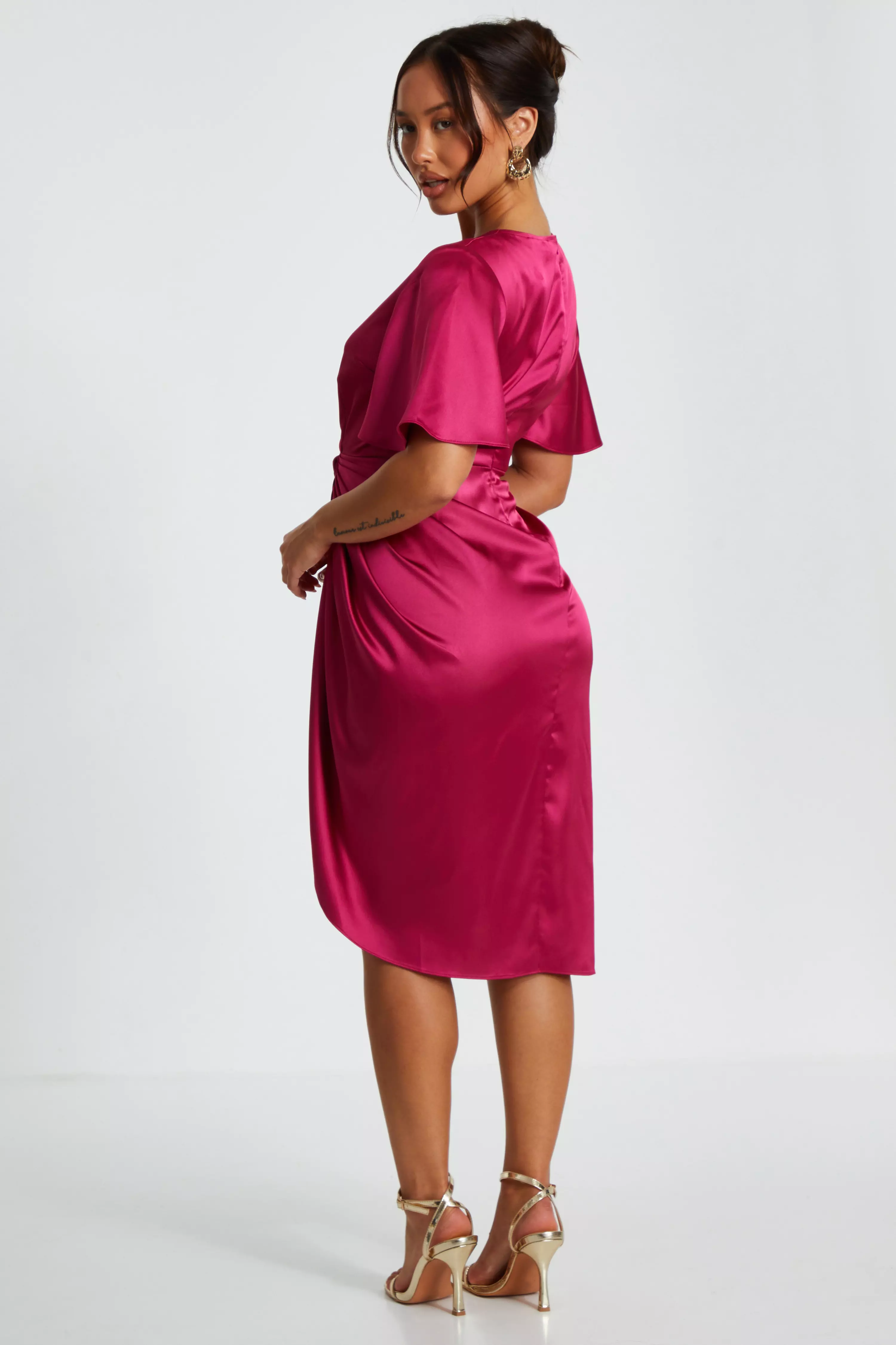 Petite Red Satin Ruched Wrap Midi Dress