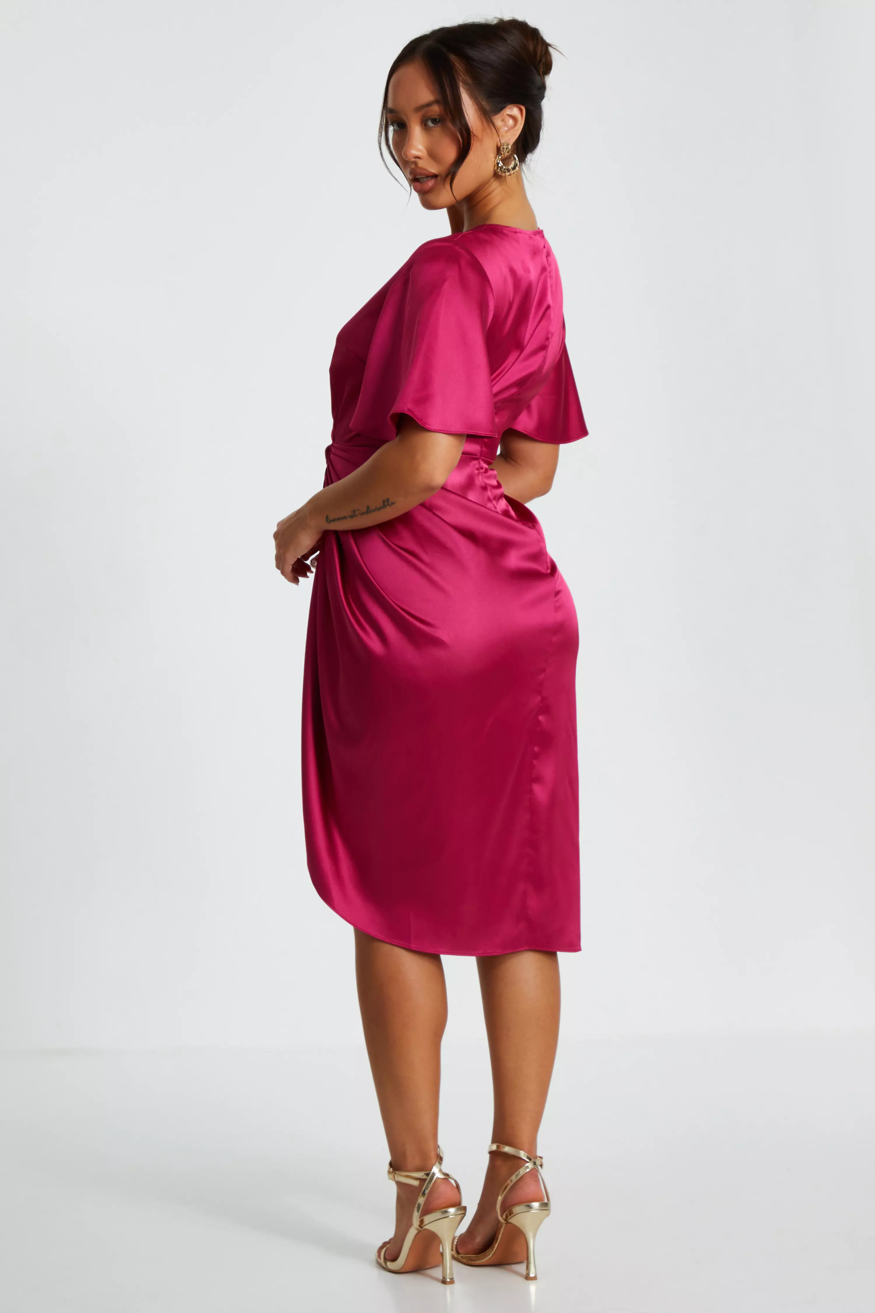 Petite Raspberry Satin Ruched Wrap Midi Dress