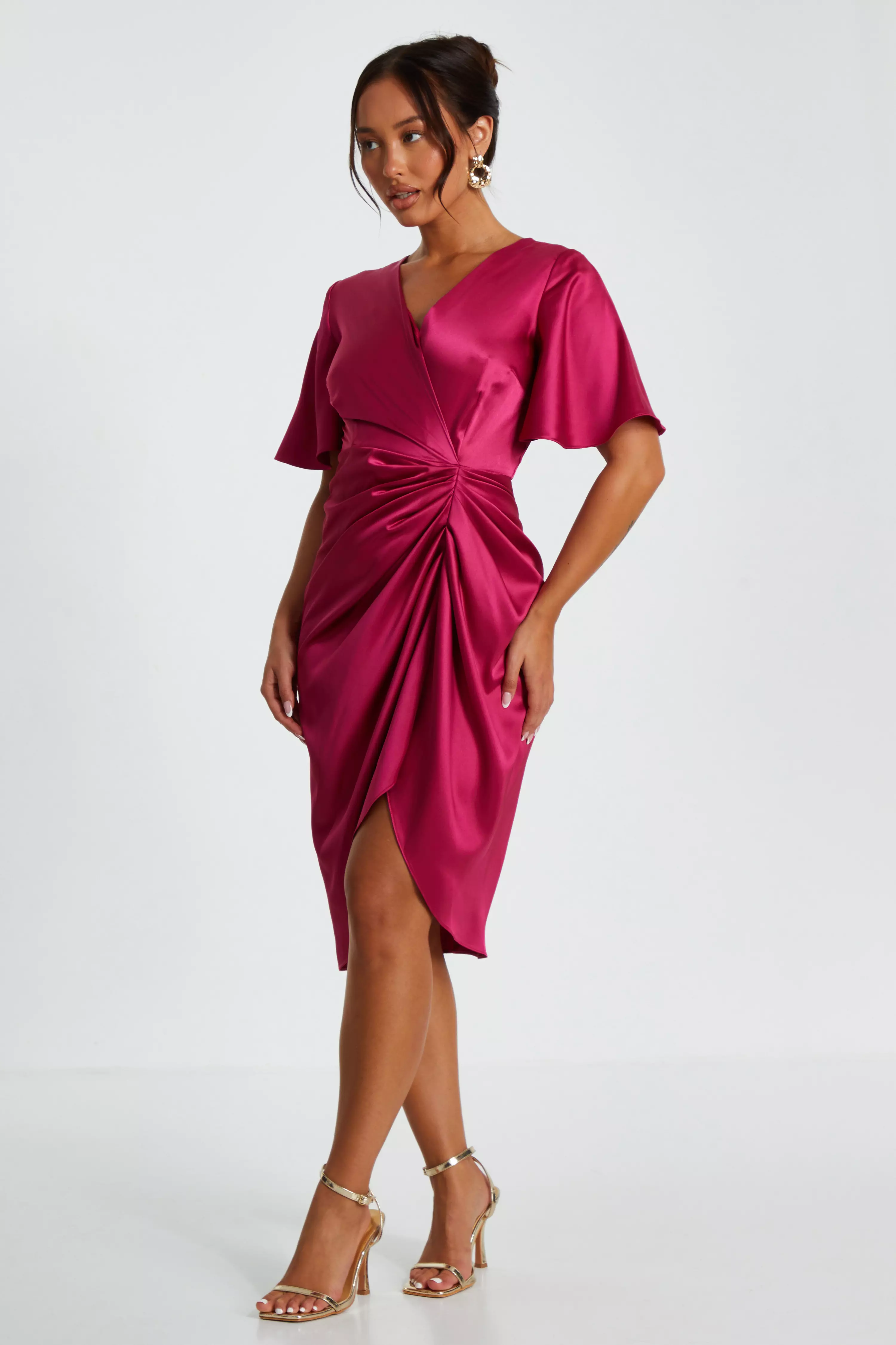 Petite Raspberry Satin Ruched Wrap Midi Dress