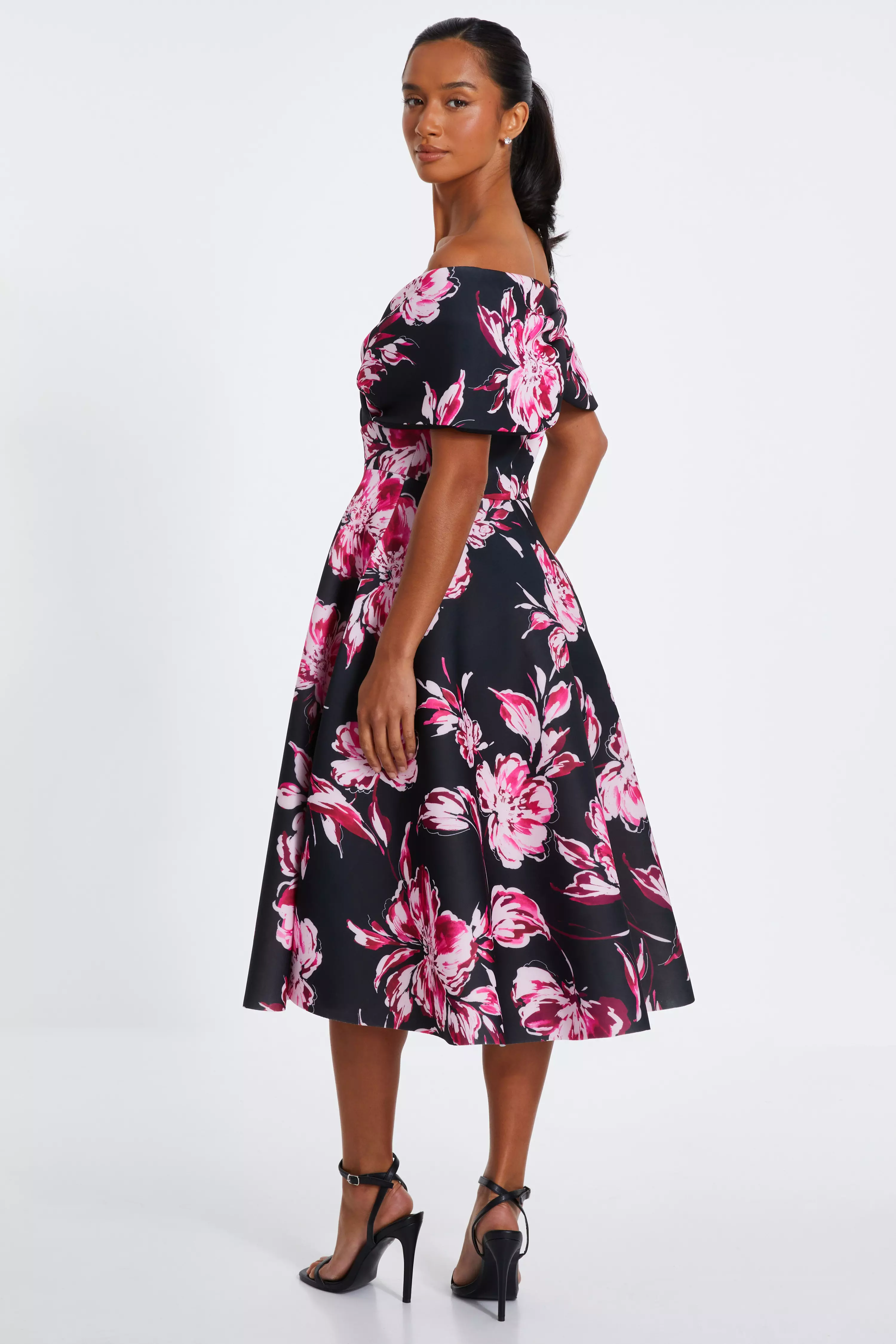 Petite Black Floral Bardot Skater Midi Dress