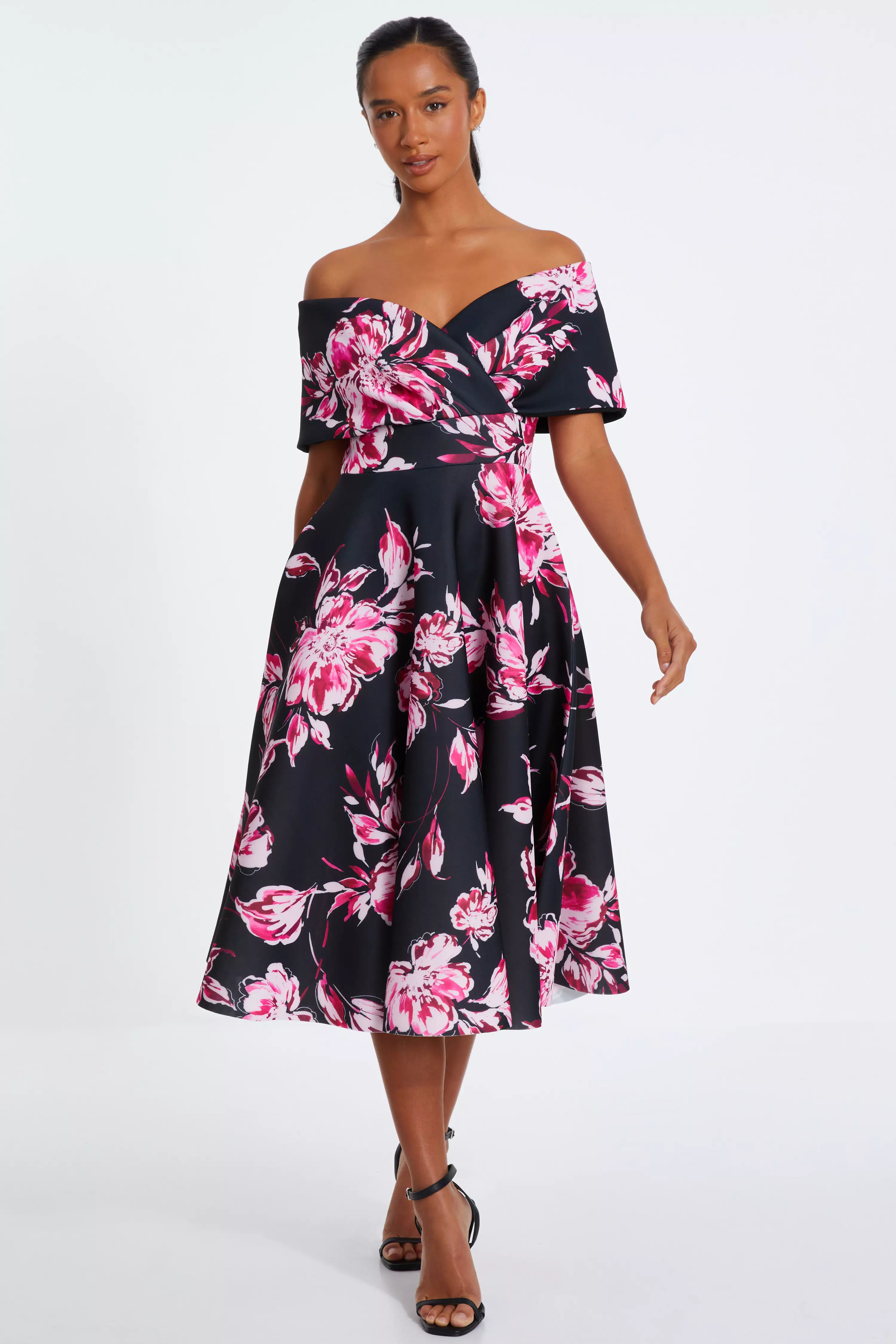 Petite Black Floral Bardot Skater Midi Dress