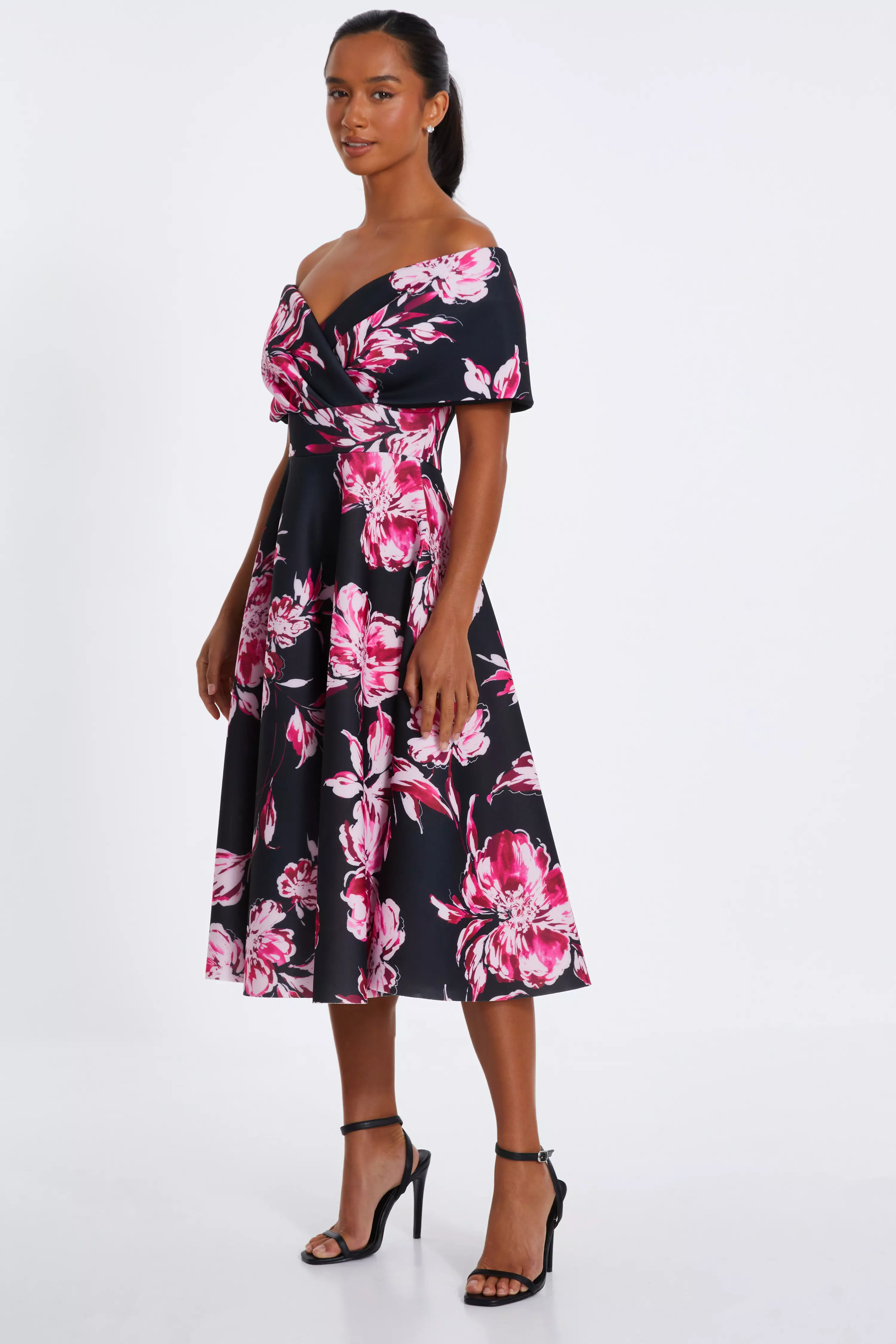 Petite Black Floral Bardot Skater Midi Dress