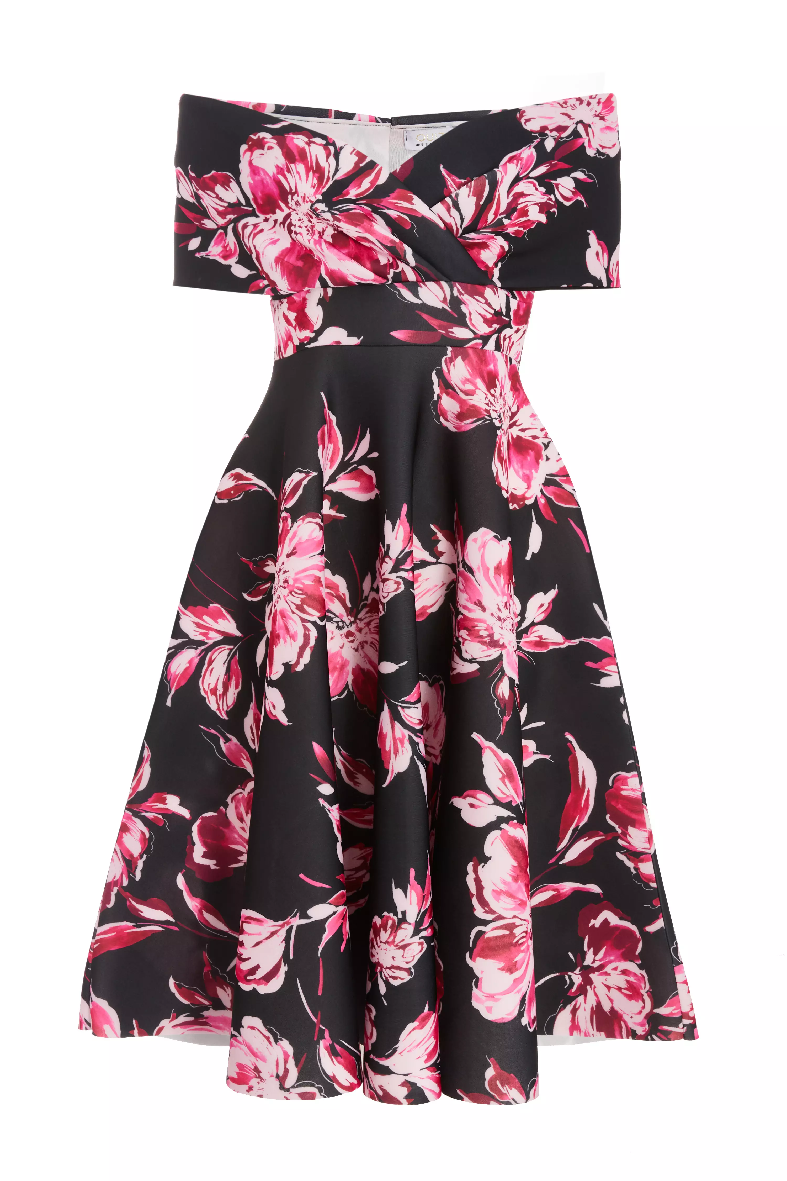 Petite Black Floral Bardot Skater Midi Dress