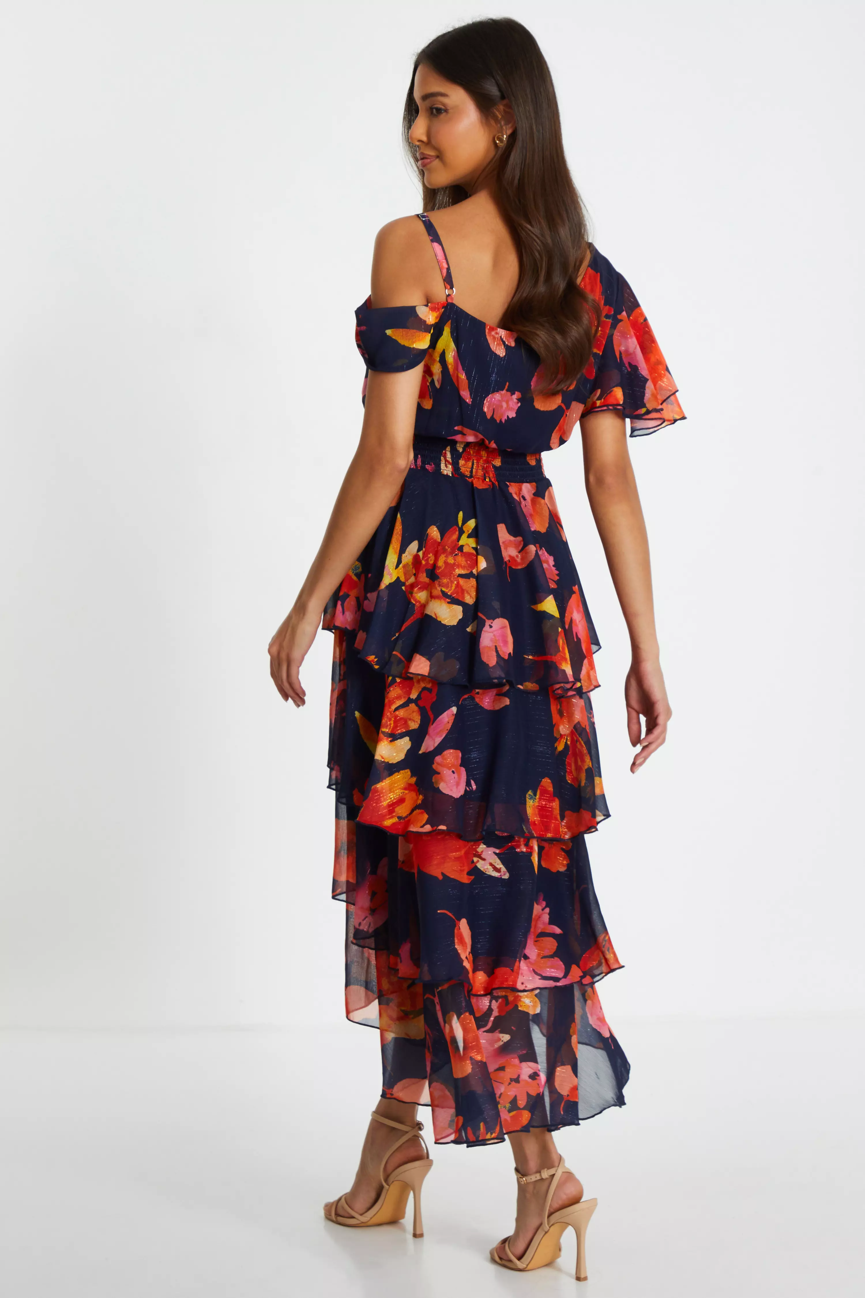 Navy Floral Drop Shoulder Tiered Midi Dress