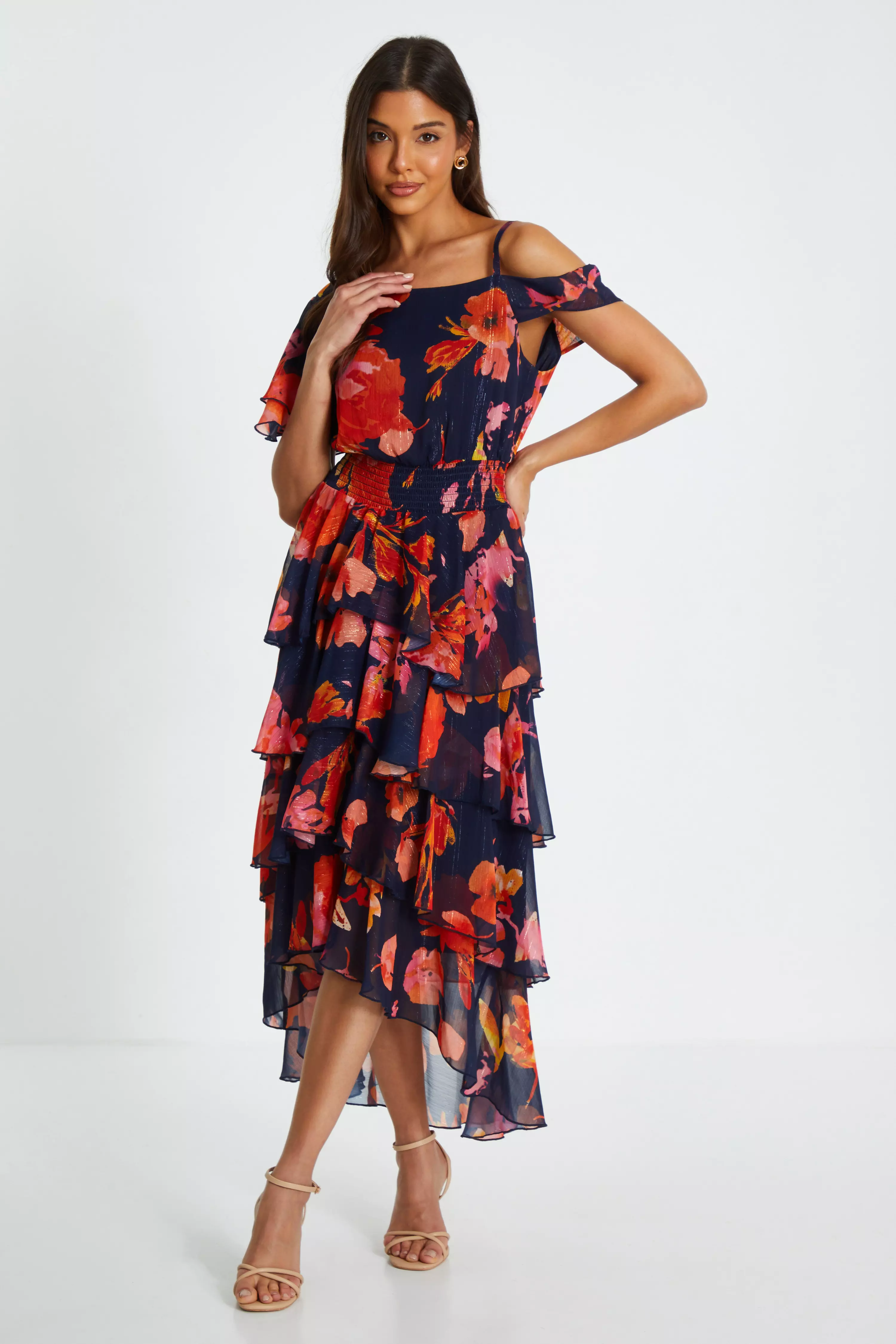 Navy Floral Drop Shoulder Tiered Midi Dress