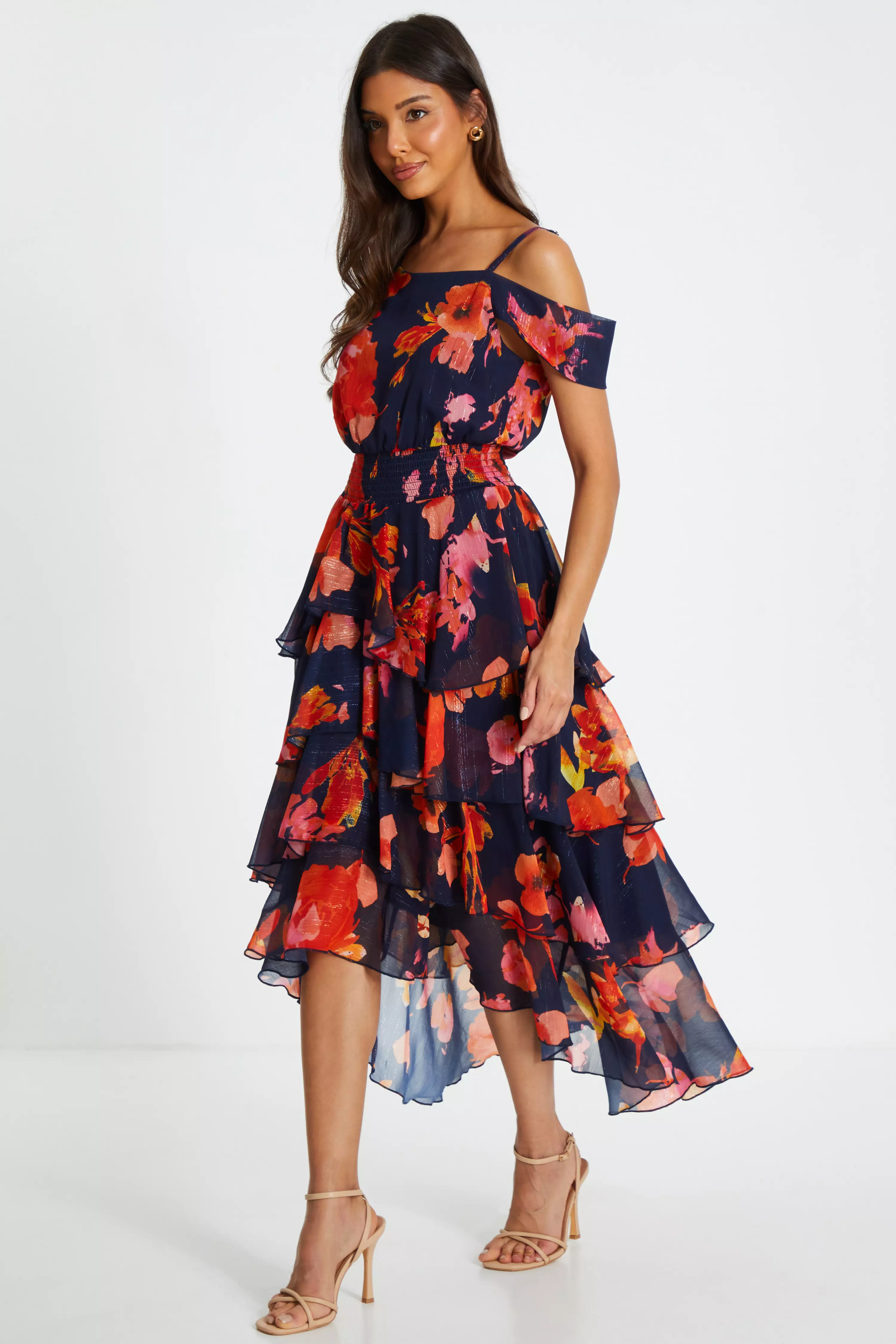 Navy Floral Drop Shoulder Tiered Midi Dress