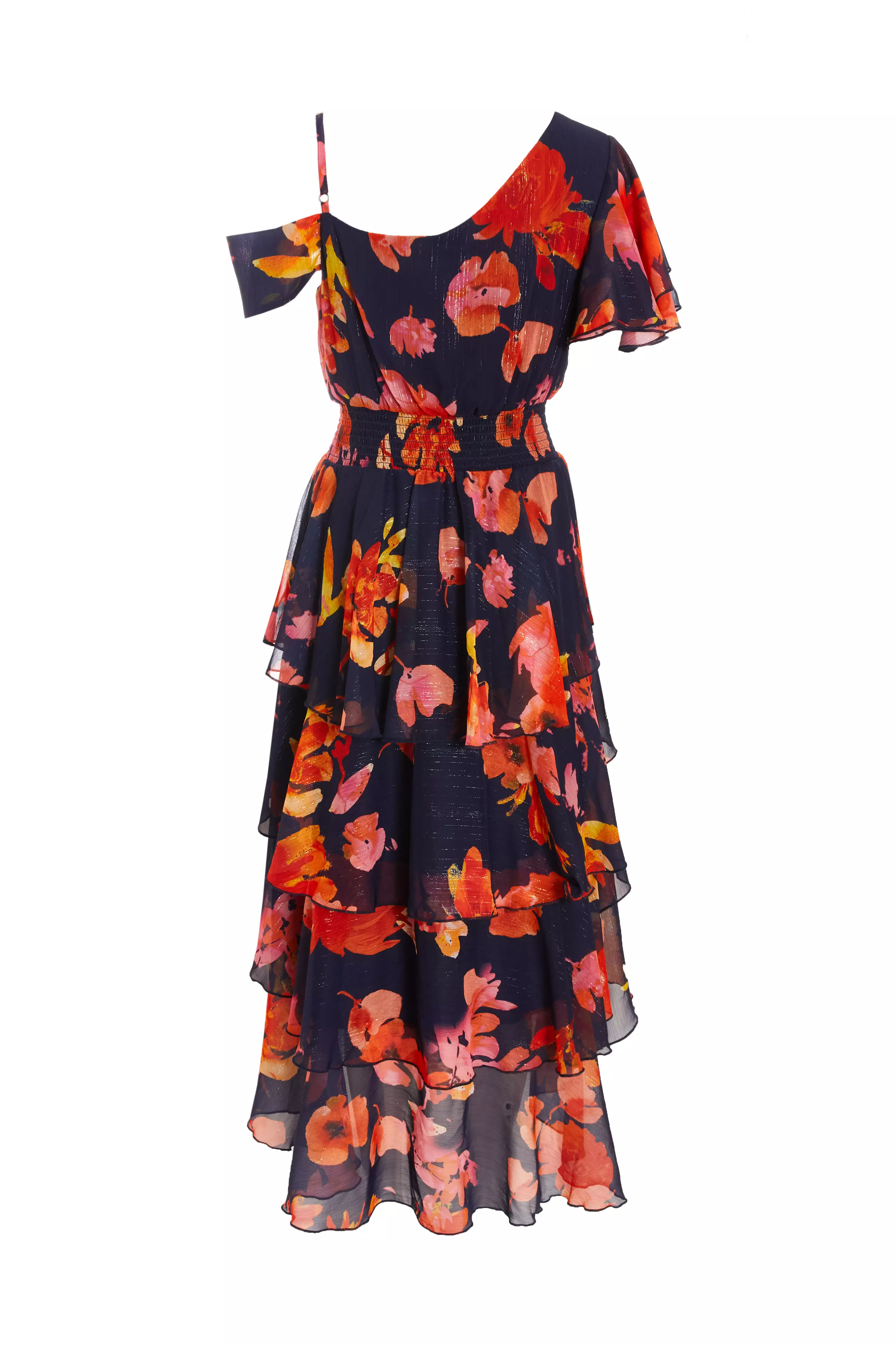 Navy Floral Drop Shoulder Tiered Midi Dress