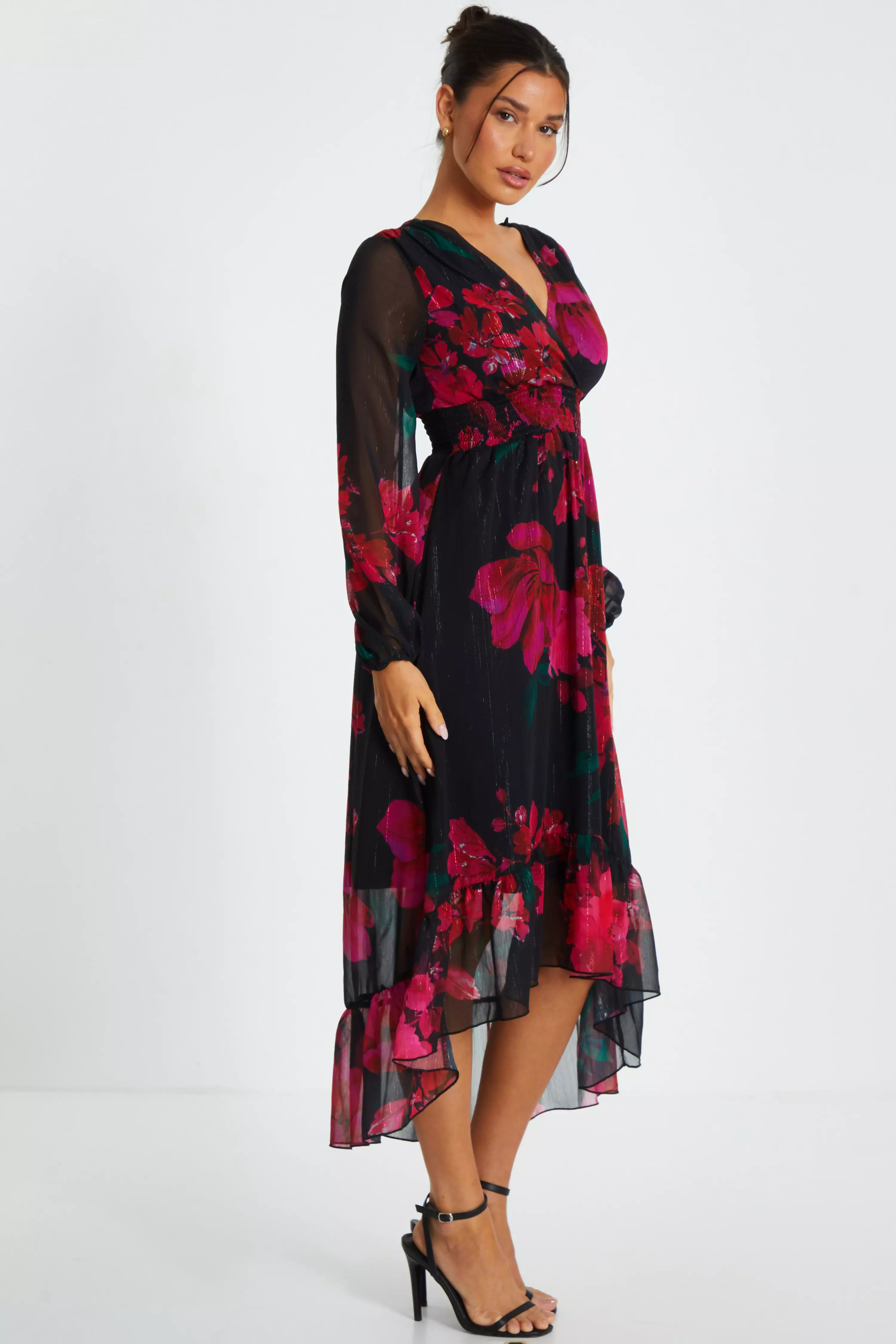 Black Floral Chiffon Dip Hem Dress