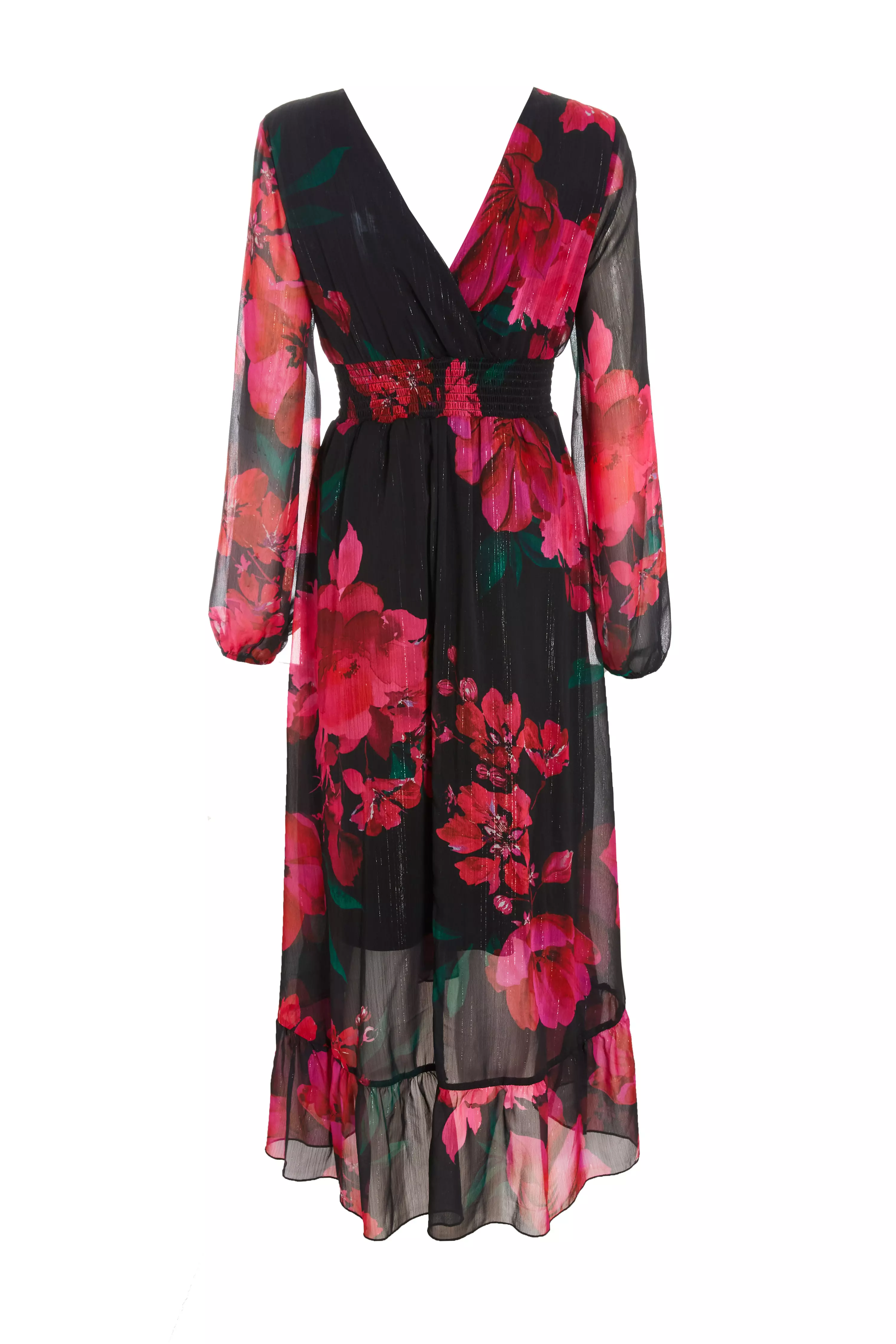 Black Floral Chiffon Dip Hem Dress