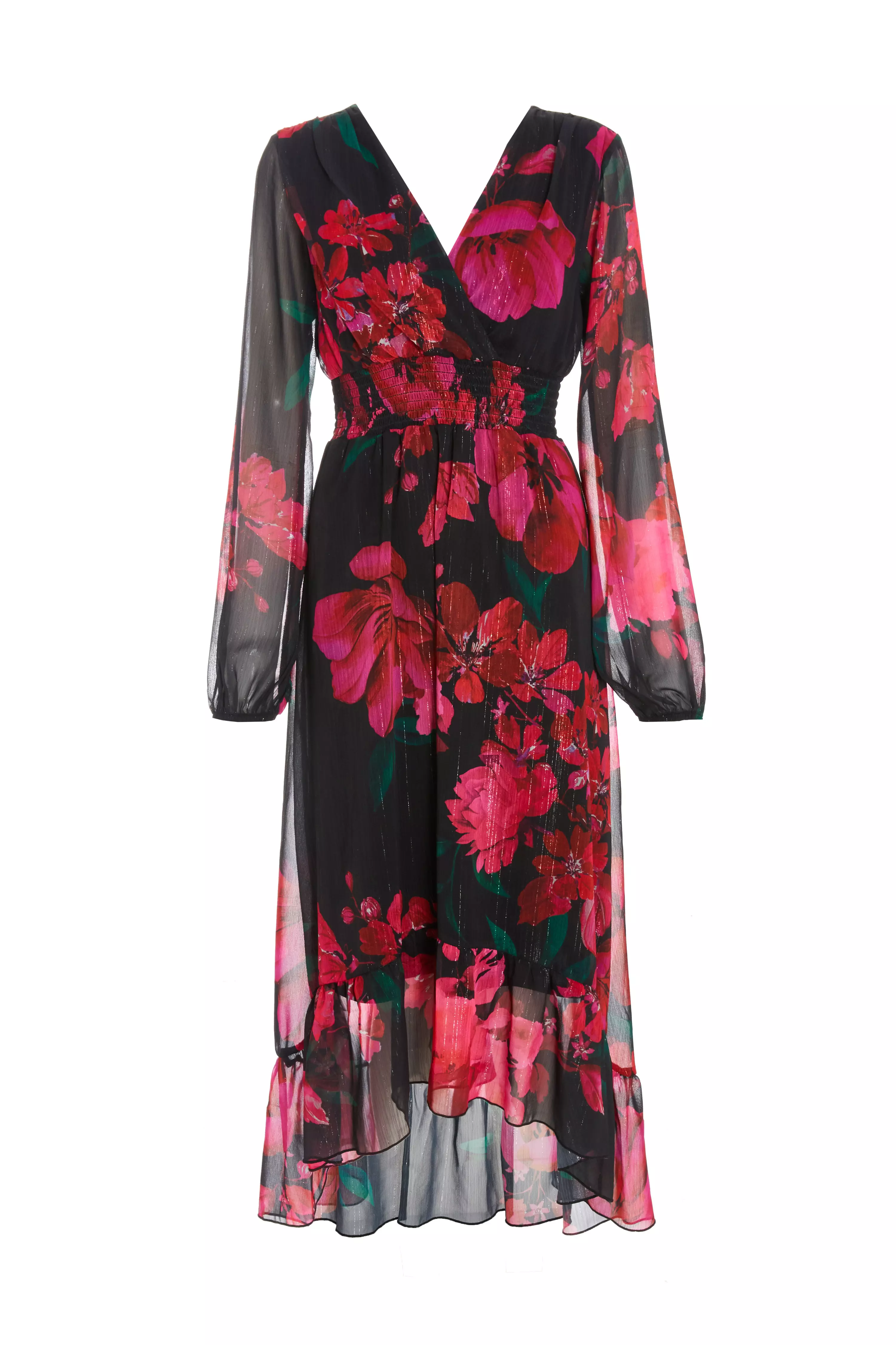 Black Floral Chiffon Dip Hem Dress