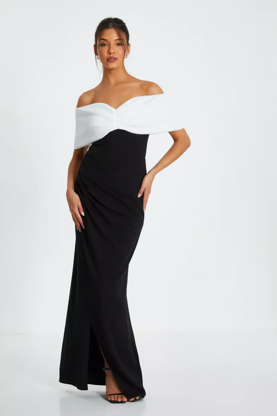 Black Contrast Bardot Ruched Maxi Dress QUIZ Clothing