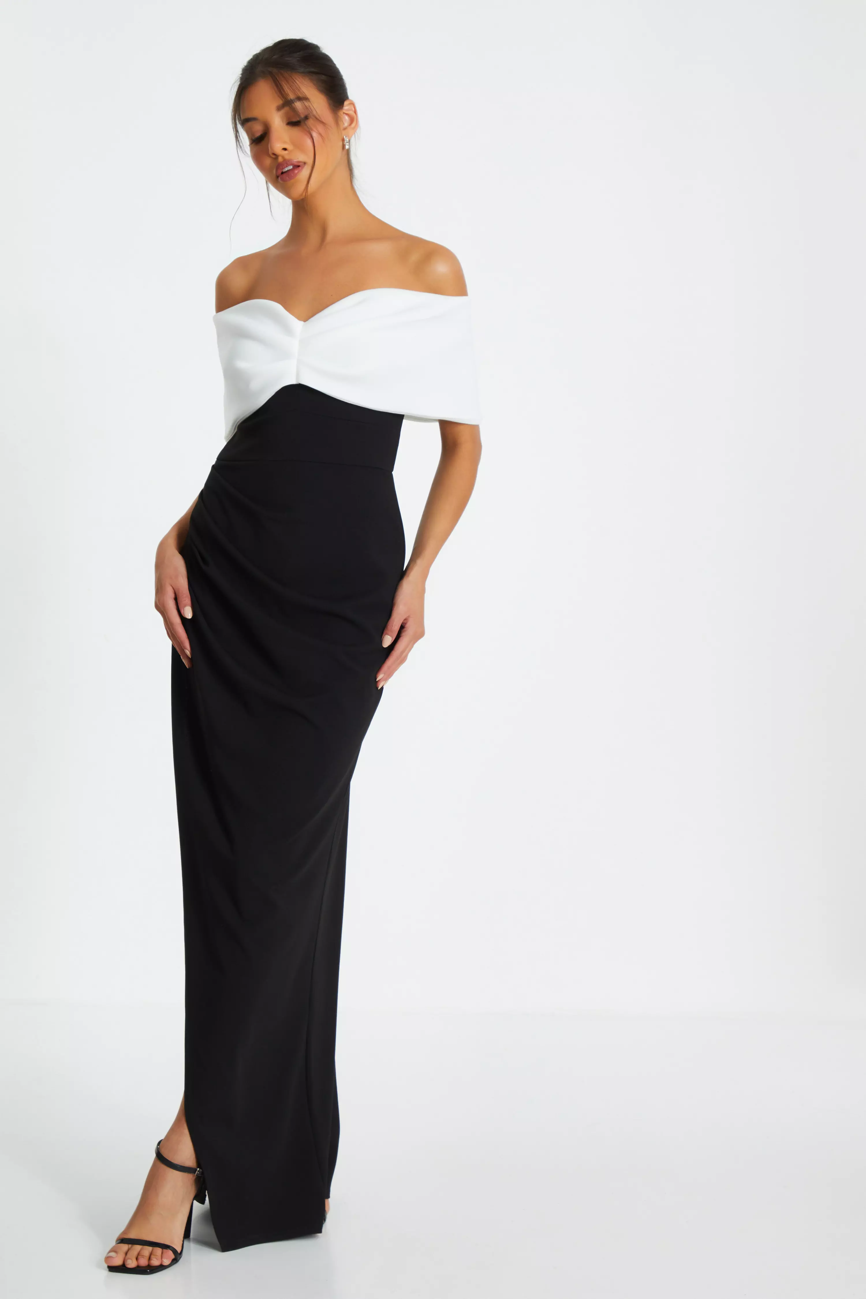 Black Contrast Bardot Ruched Maxi Dress