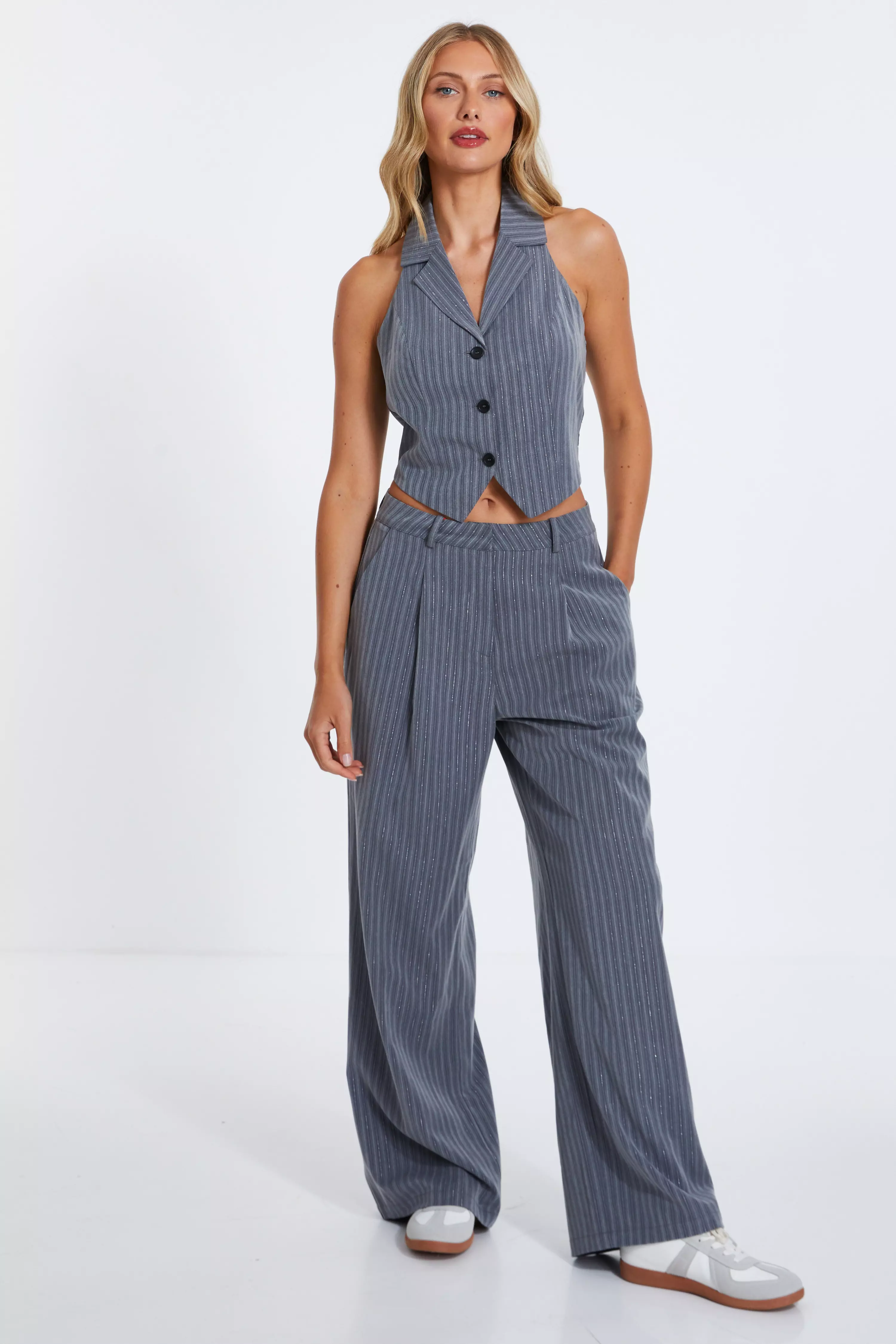 Grey Stripe High Waist Trouser