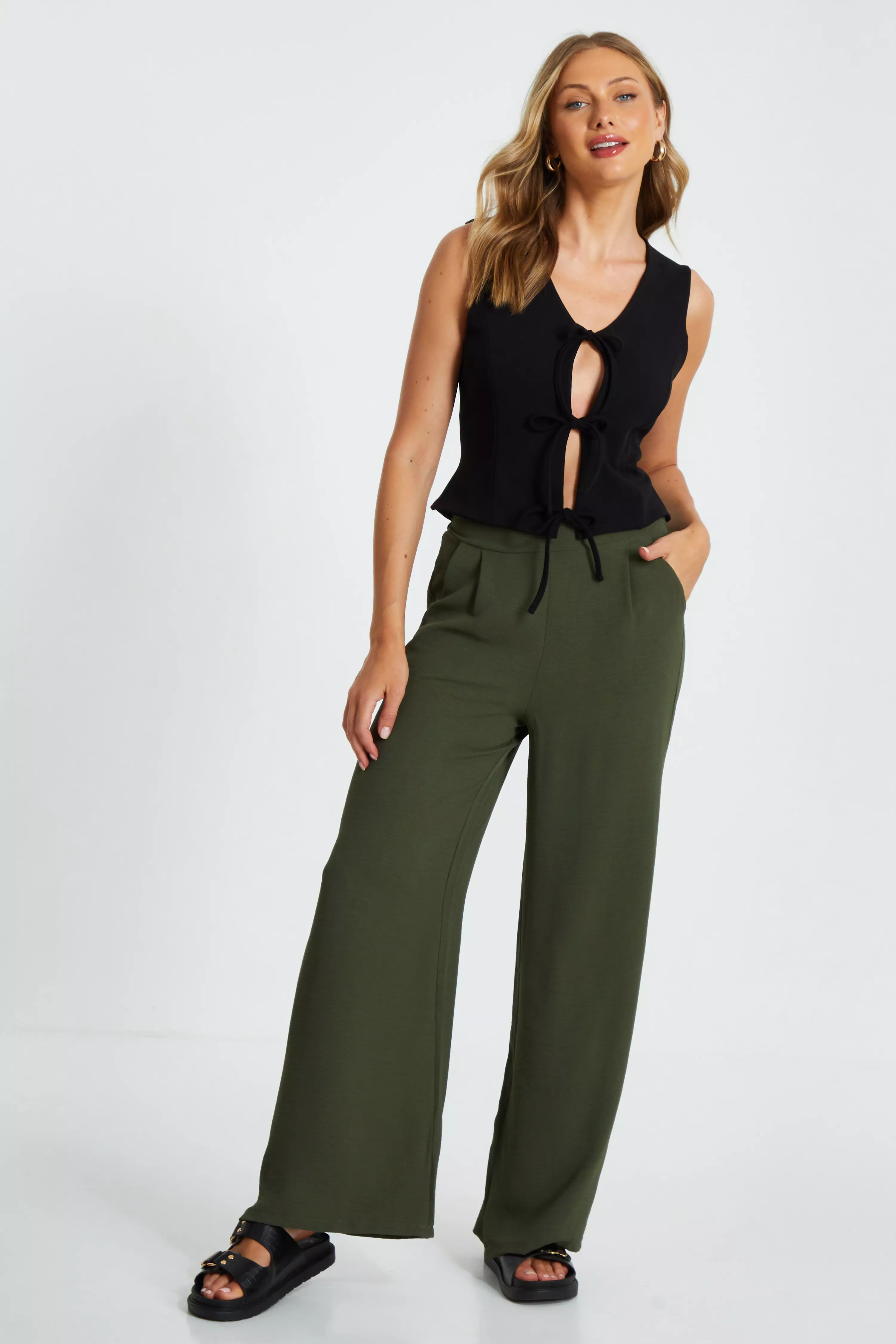 Khaki Wide Leg Trousers