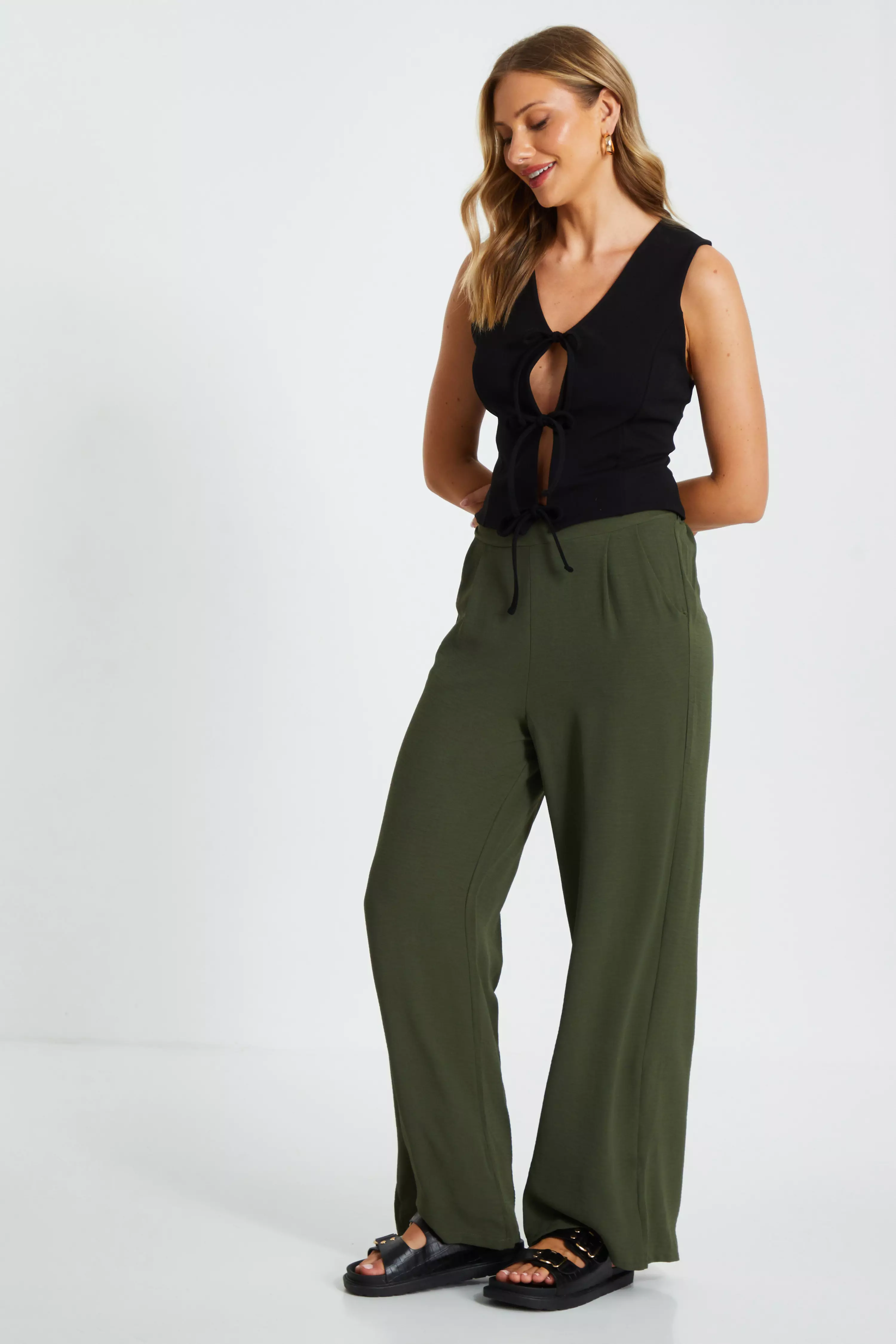 Khaki Wide Leg Trousers