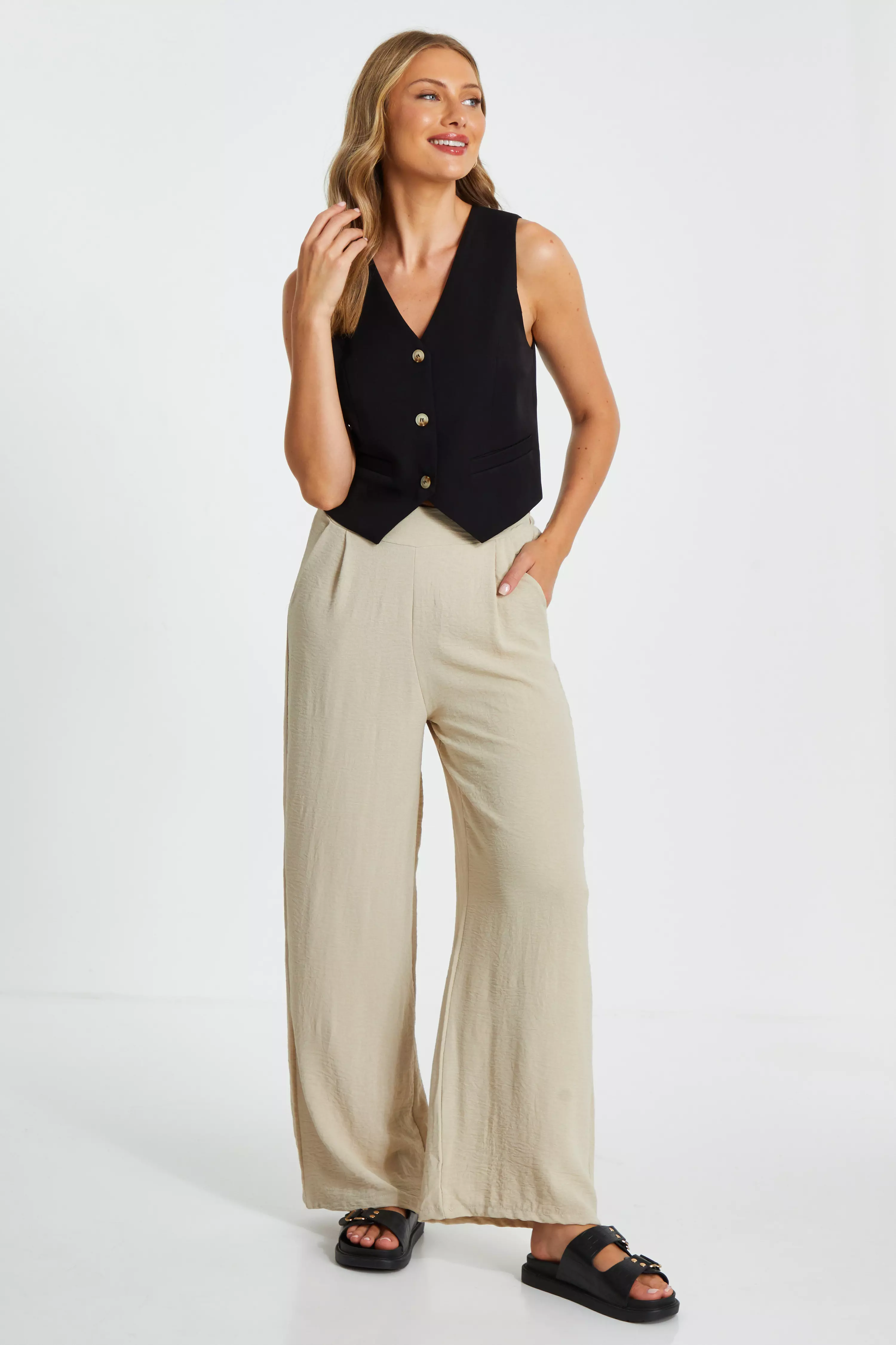 Stone High Waisted Wide Leg Trousers