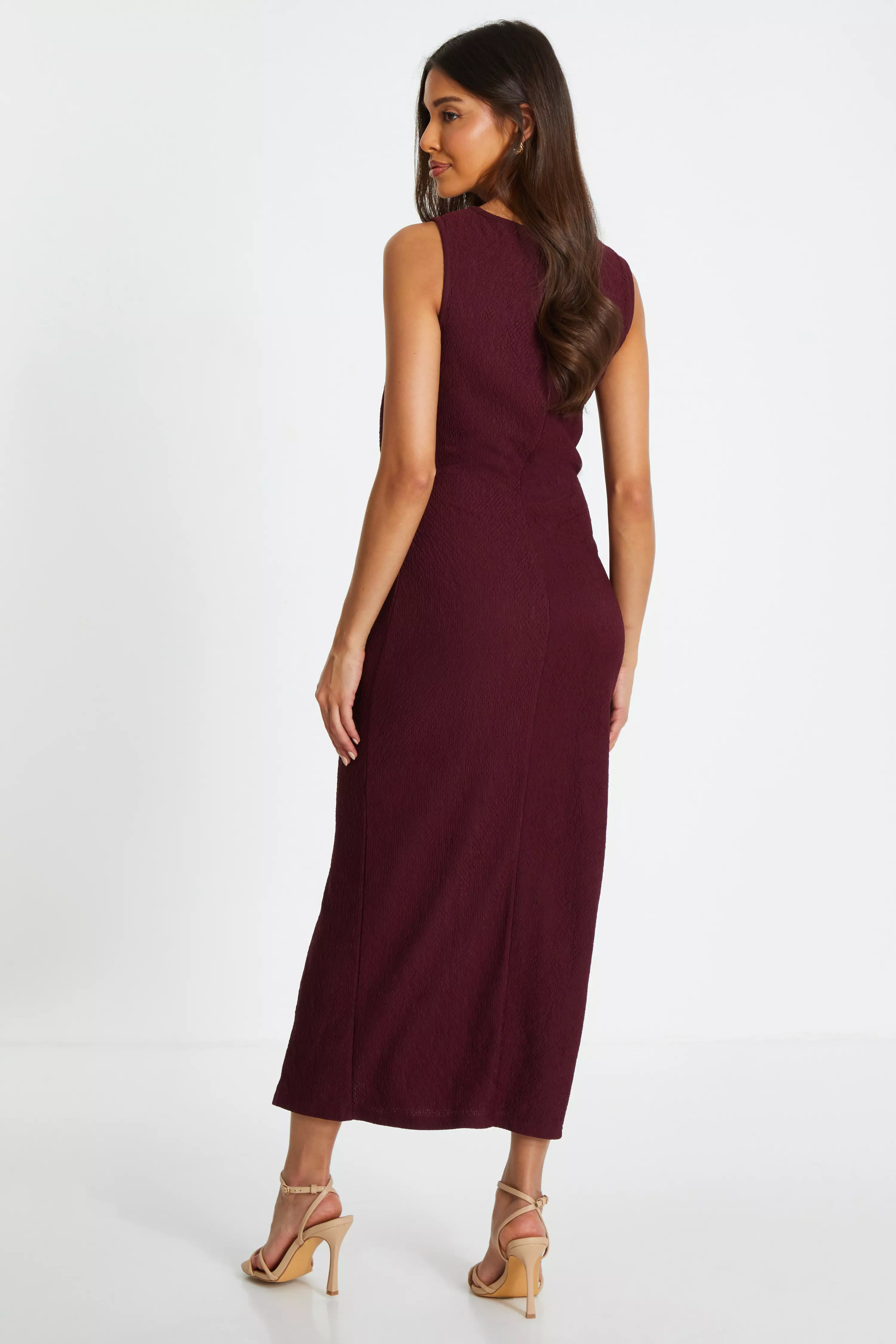 Dark Red Sleeveless Ruched Midaxi Dress