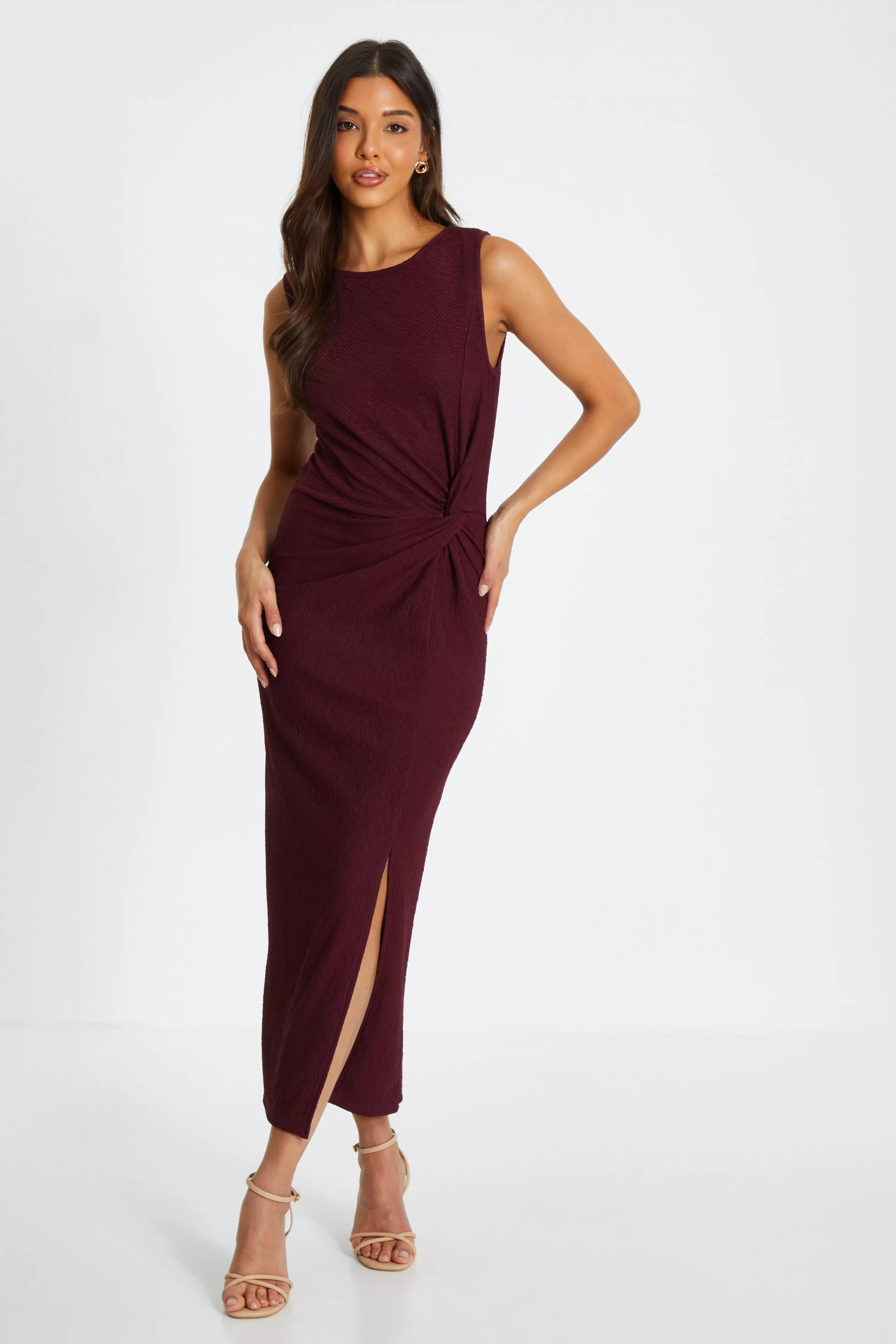 Wine Sleeveless Ruched Midaxi Dress