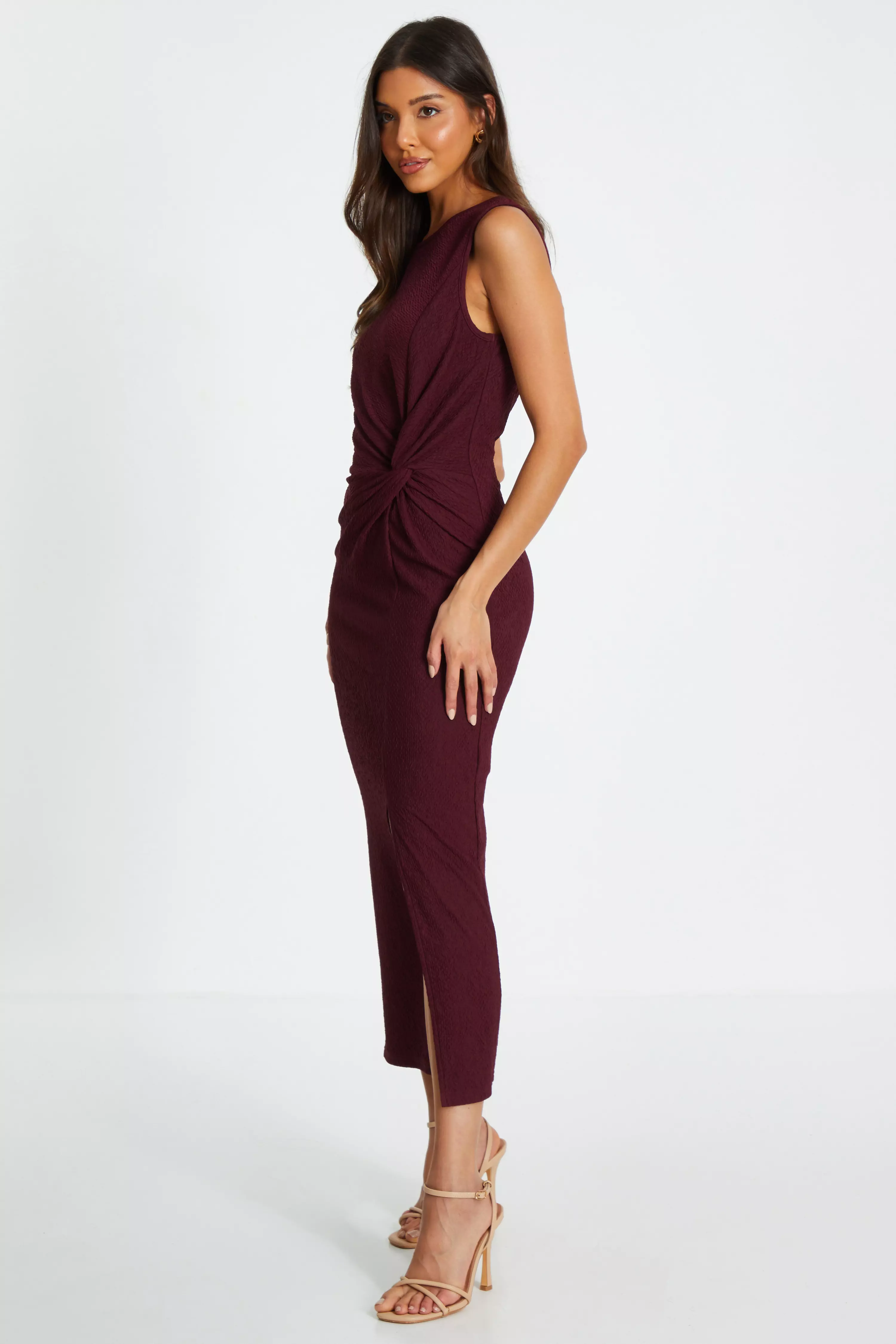 Dark Red Sleeveless Ruched Midaxi Dress