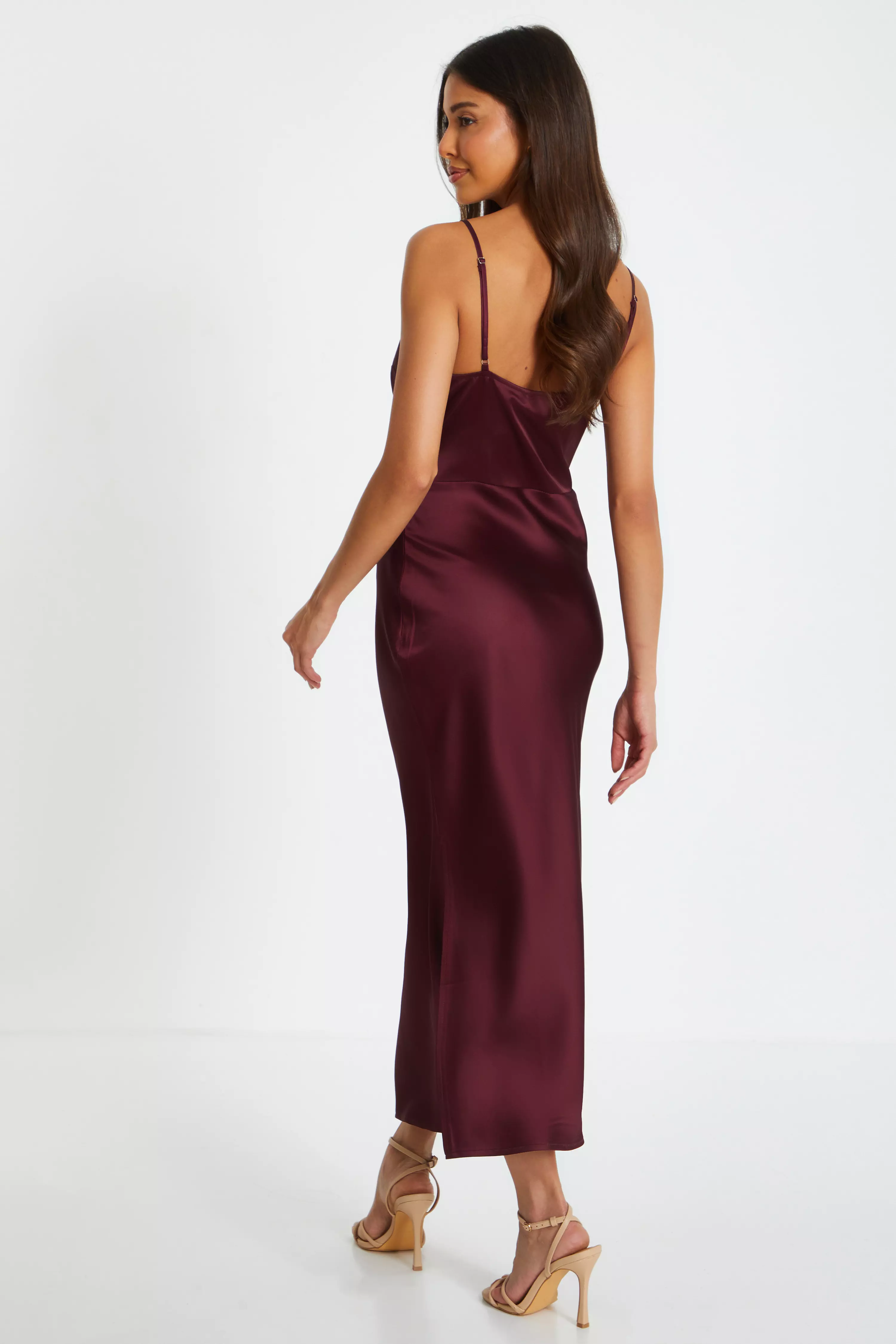 Dark Red Satin Slip Style Midaxi Dress