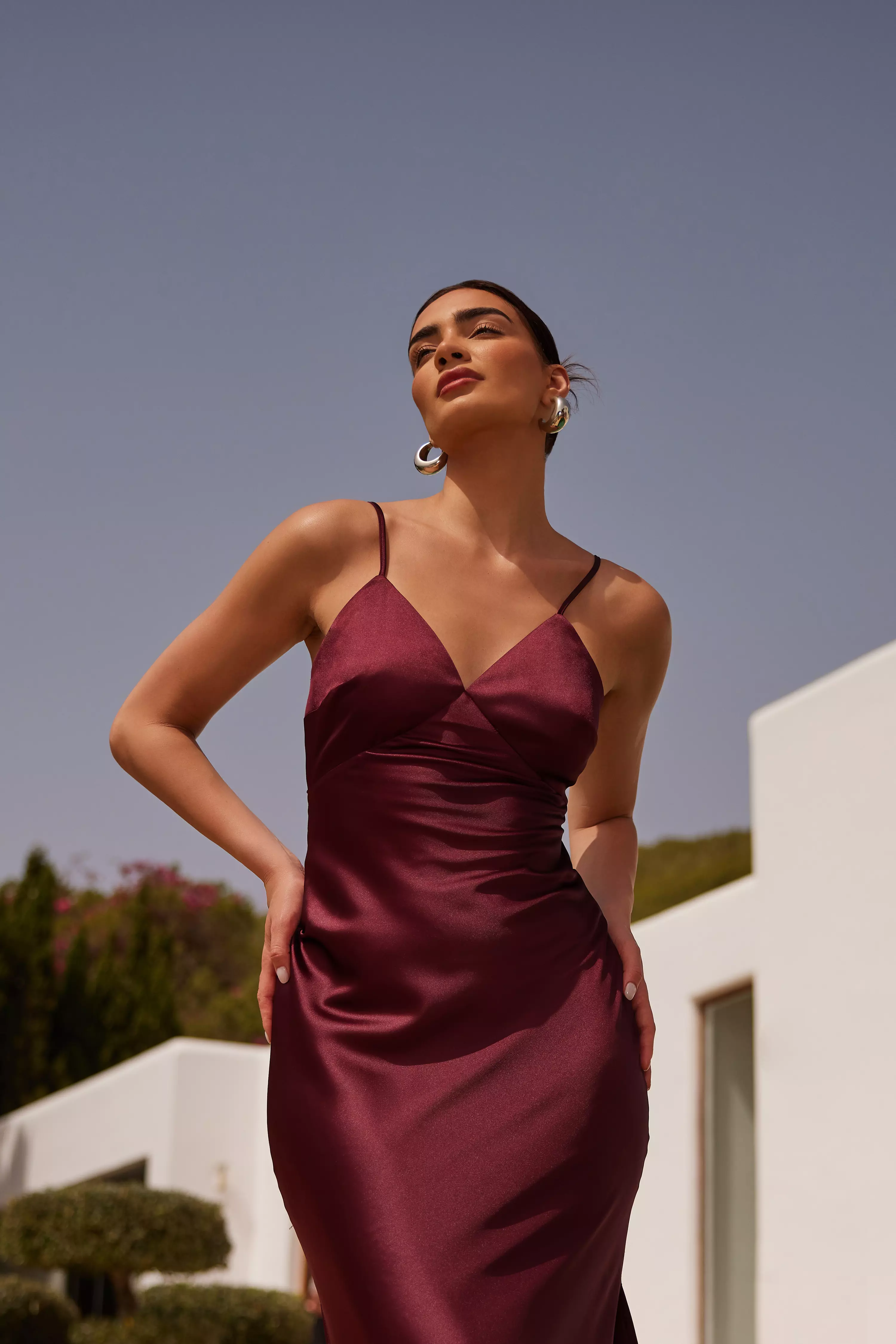 Dark Red Satin Slip Style Midaxi Dress