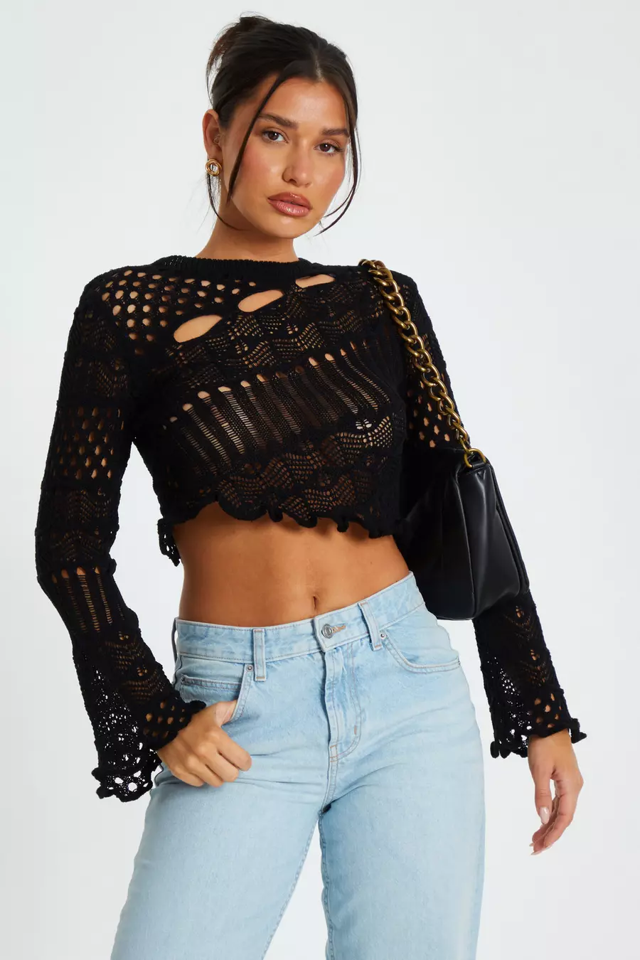 Black Knit Cut Out Crop Jumper QUIZ Clothing