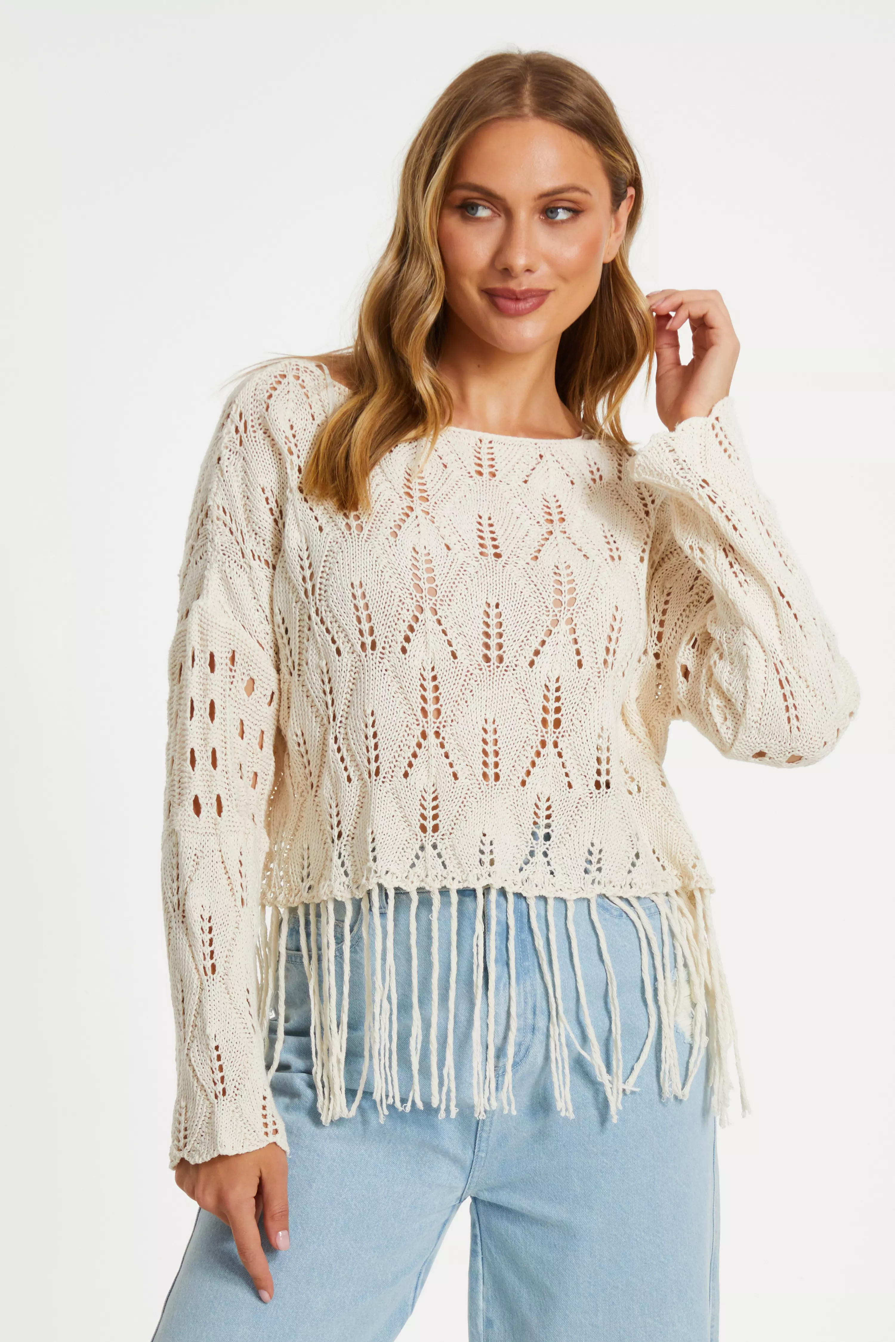 Cream Knitted Fringe Hem Jumper