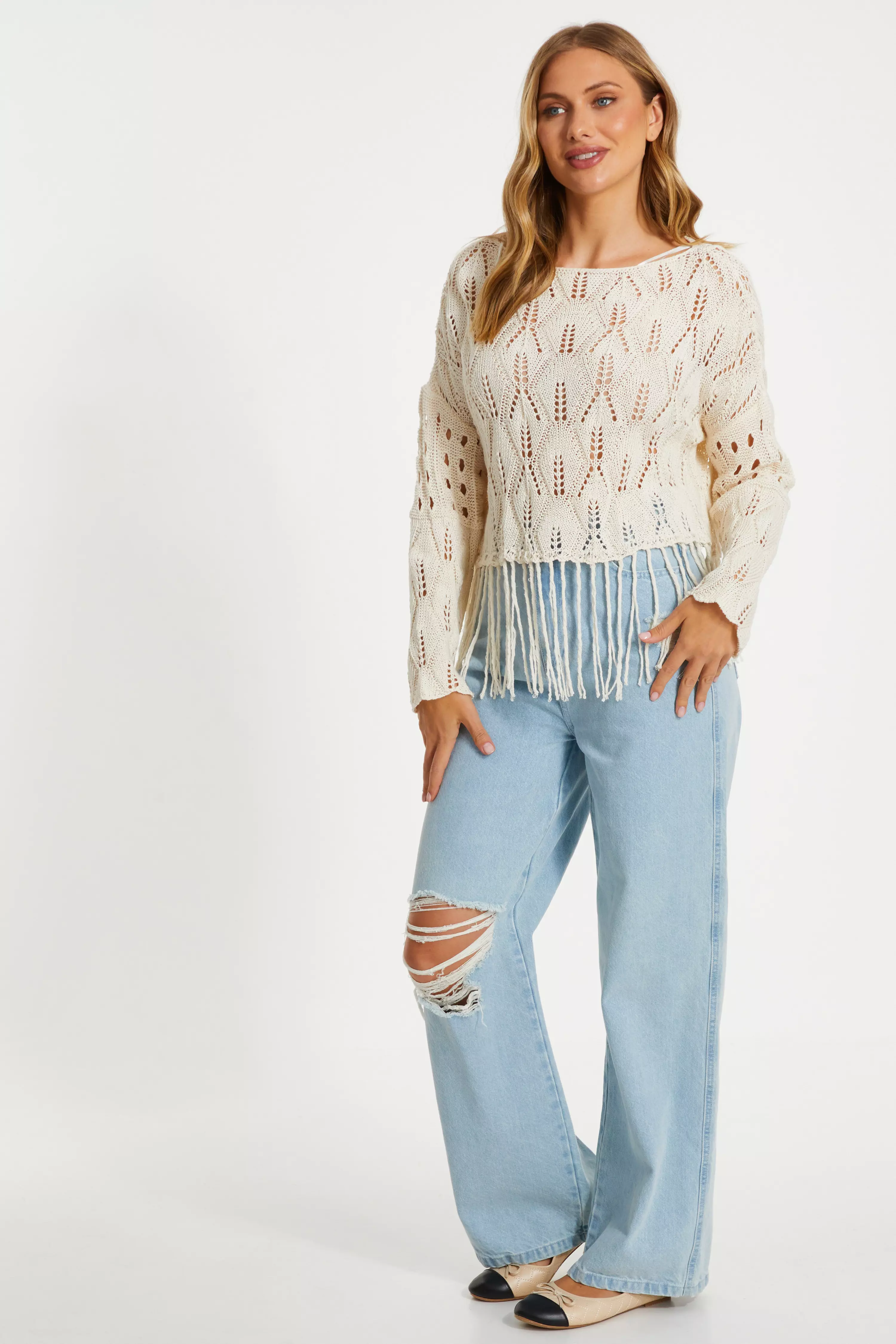 Cream Knitted Fringe Hem Jumper