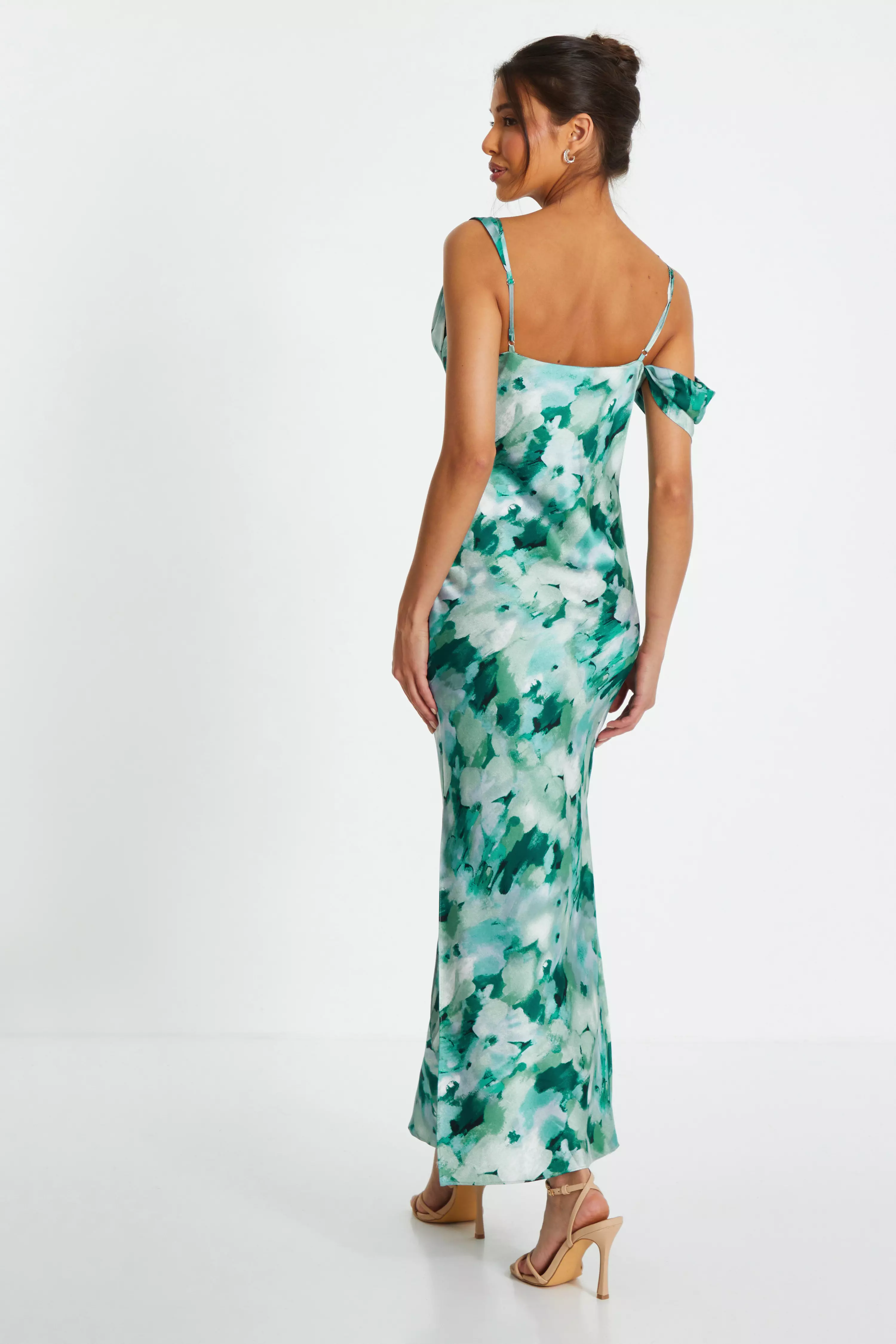 Green Floral Satin Asymmetric Midaxi Dress