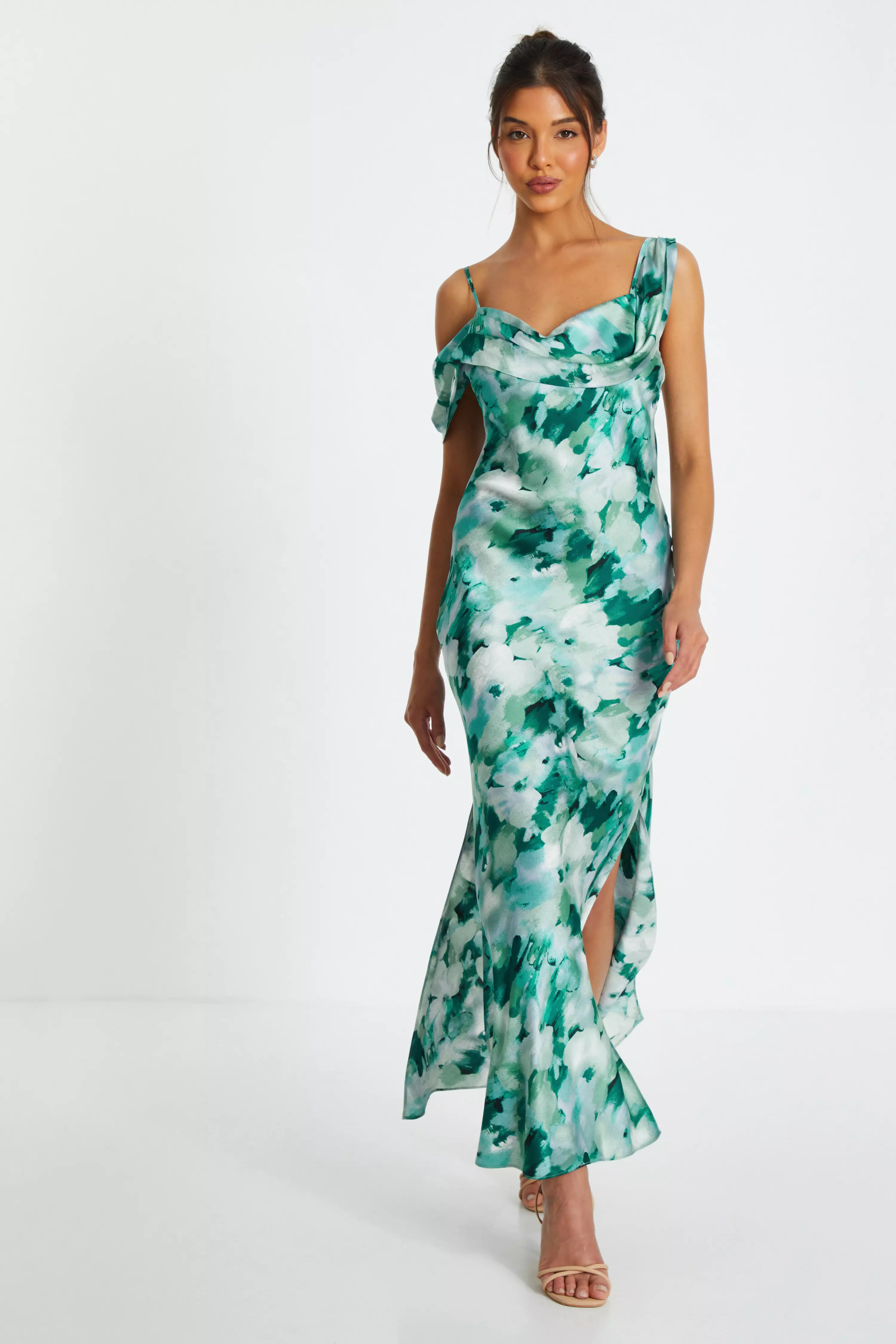 Green Floral Satin Asymmetric Midaxi Dress