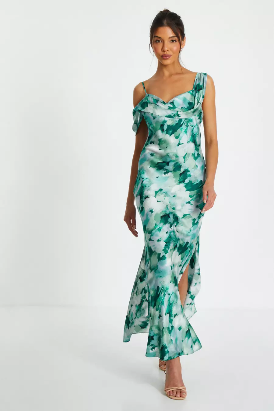 Green Floral Satin Asymmetric Midaxi Dress QUIZ Clothing