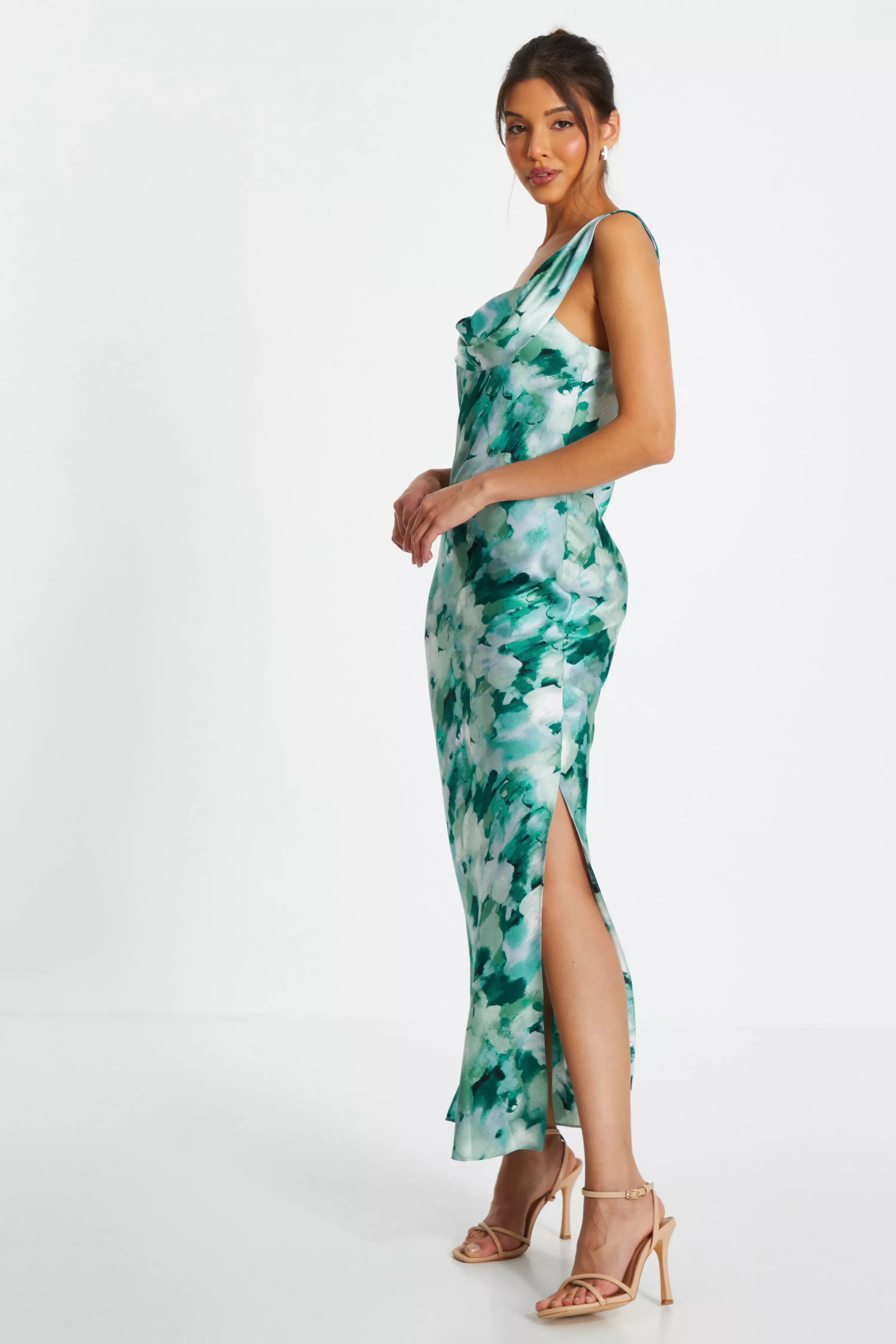 Green Floral Satin Asymmetric Midaxi Dress