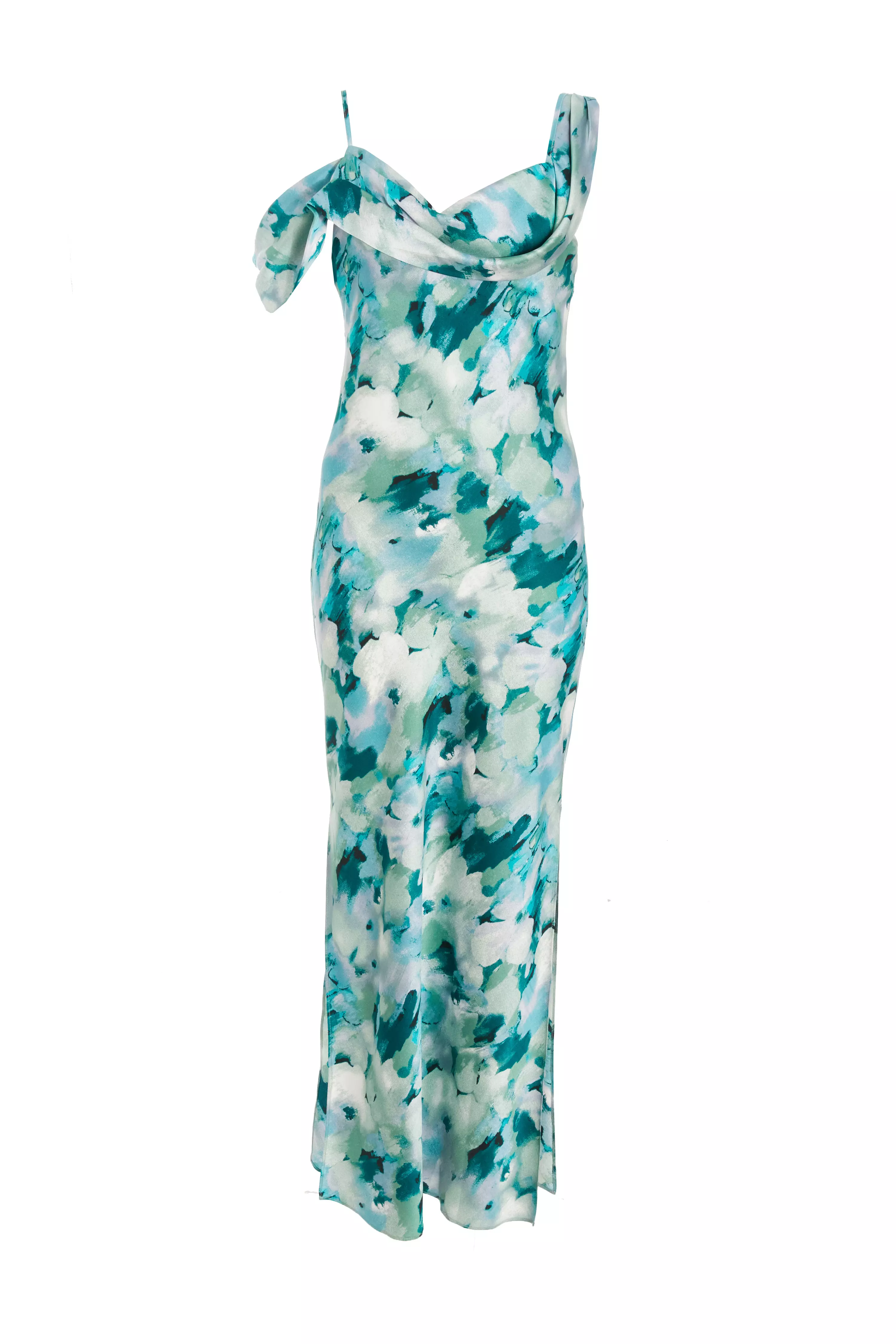 Green Floral Satin Asymmetric Midaxi Dress