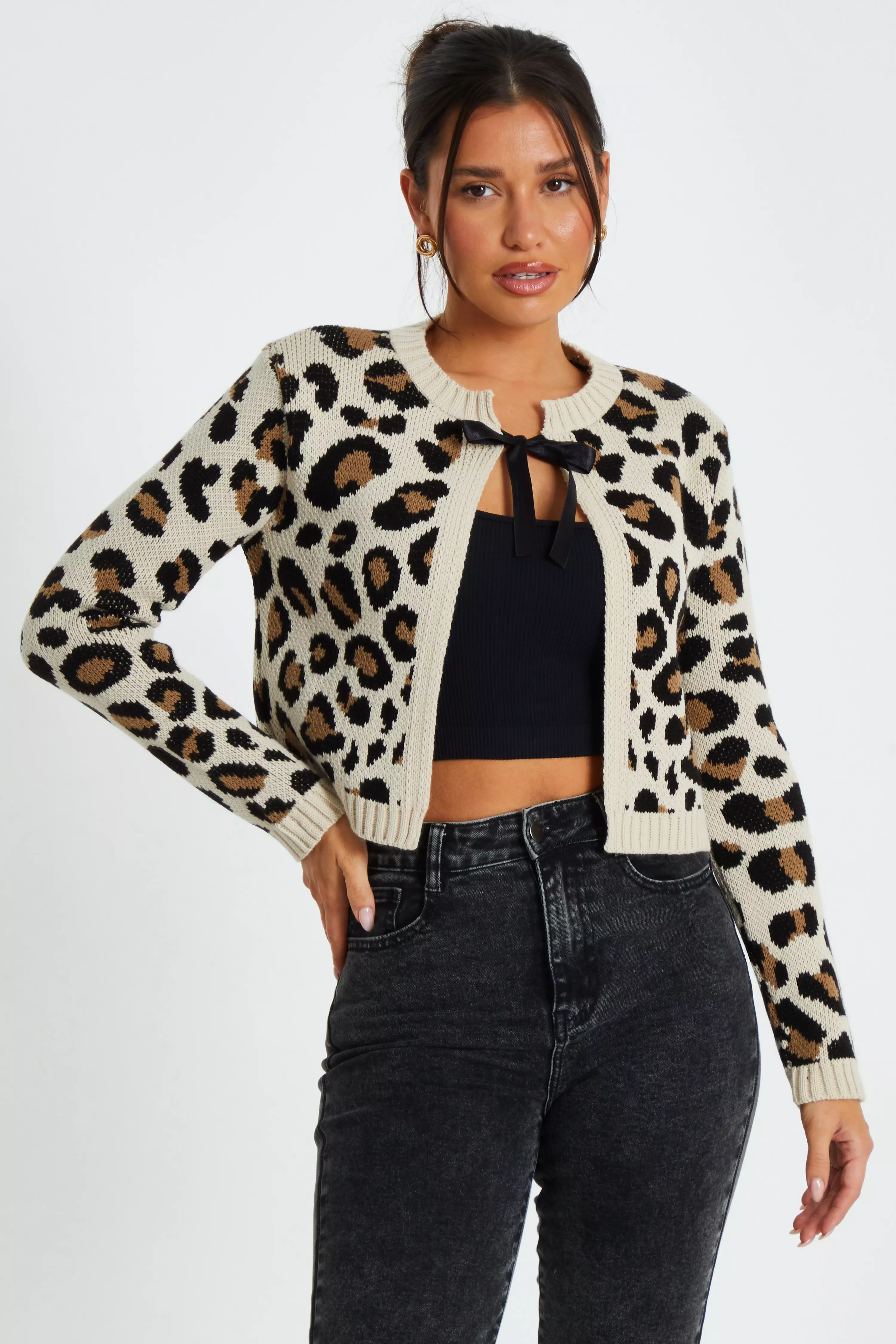 Cream Leopard Print Knit Cardigan 