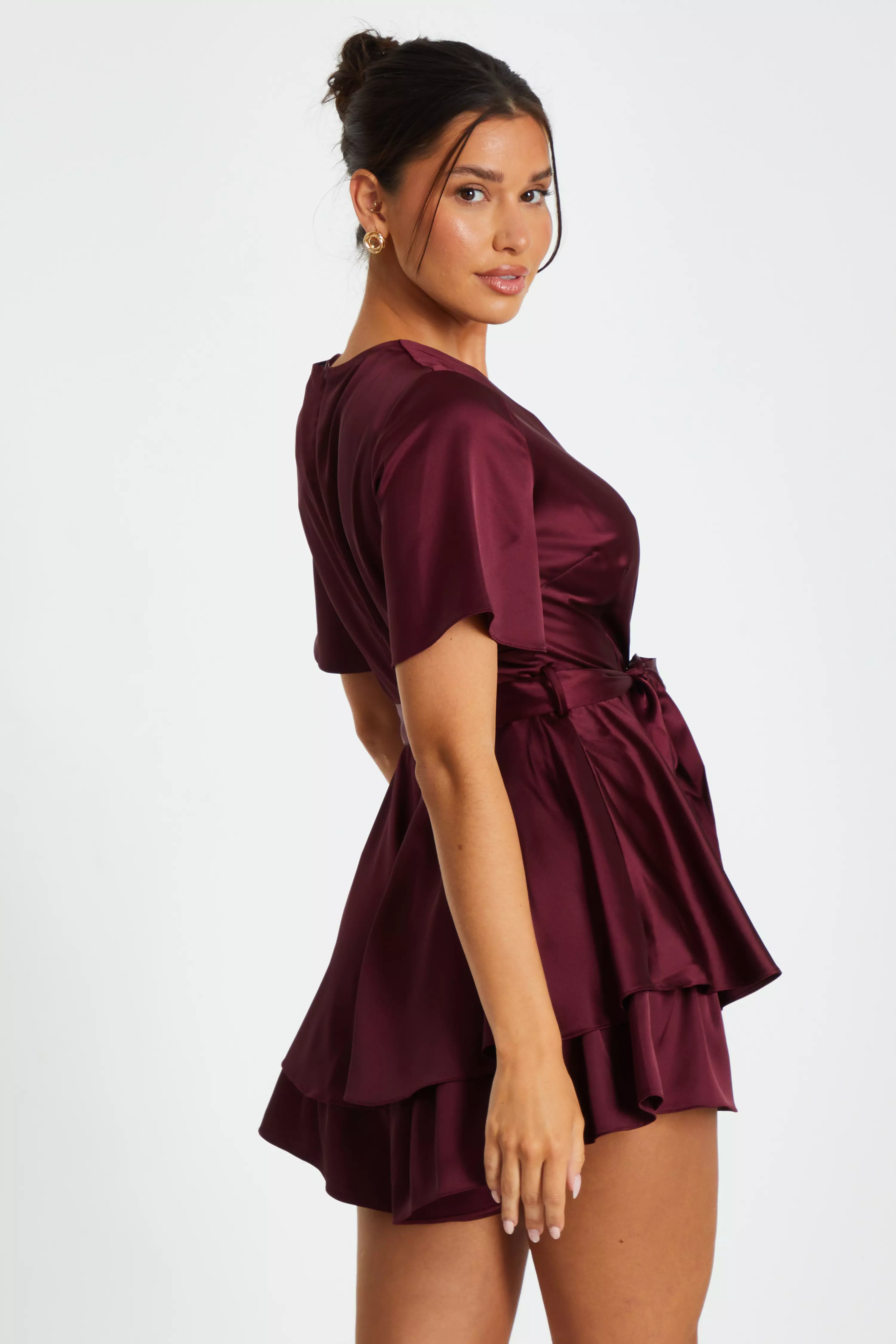 Dark Red Satin Wrap Tiered Playsuit