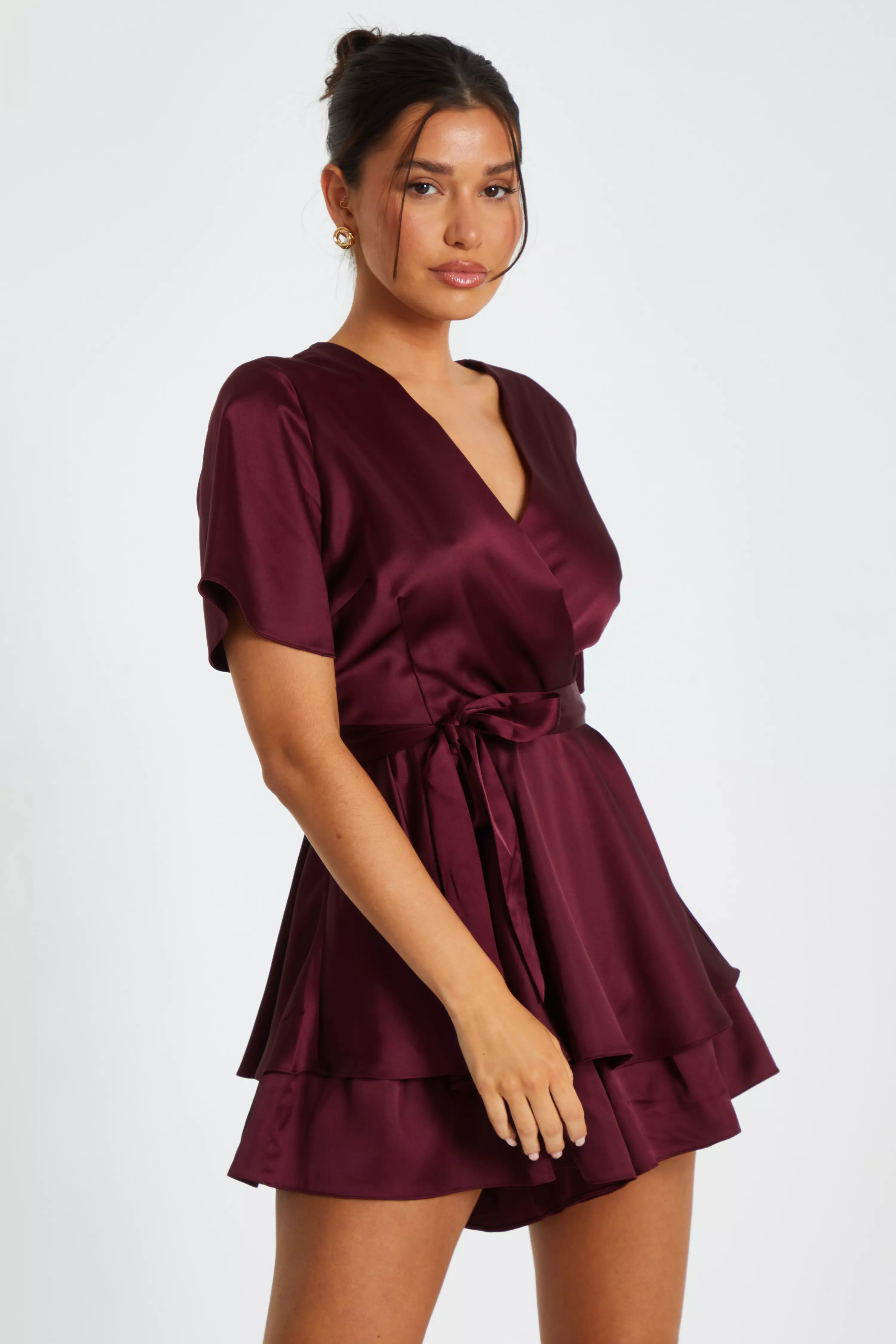 Dark Red Satin Wrap Tiered Playsuit